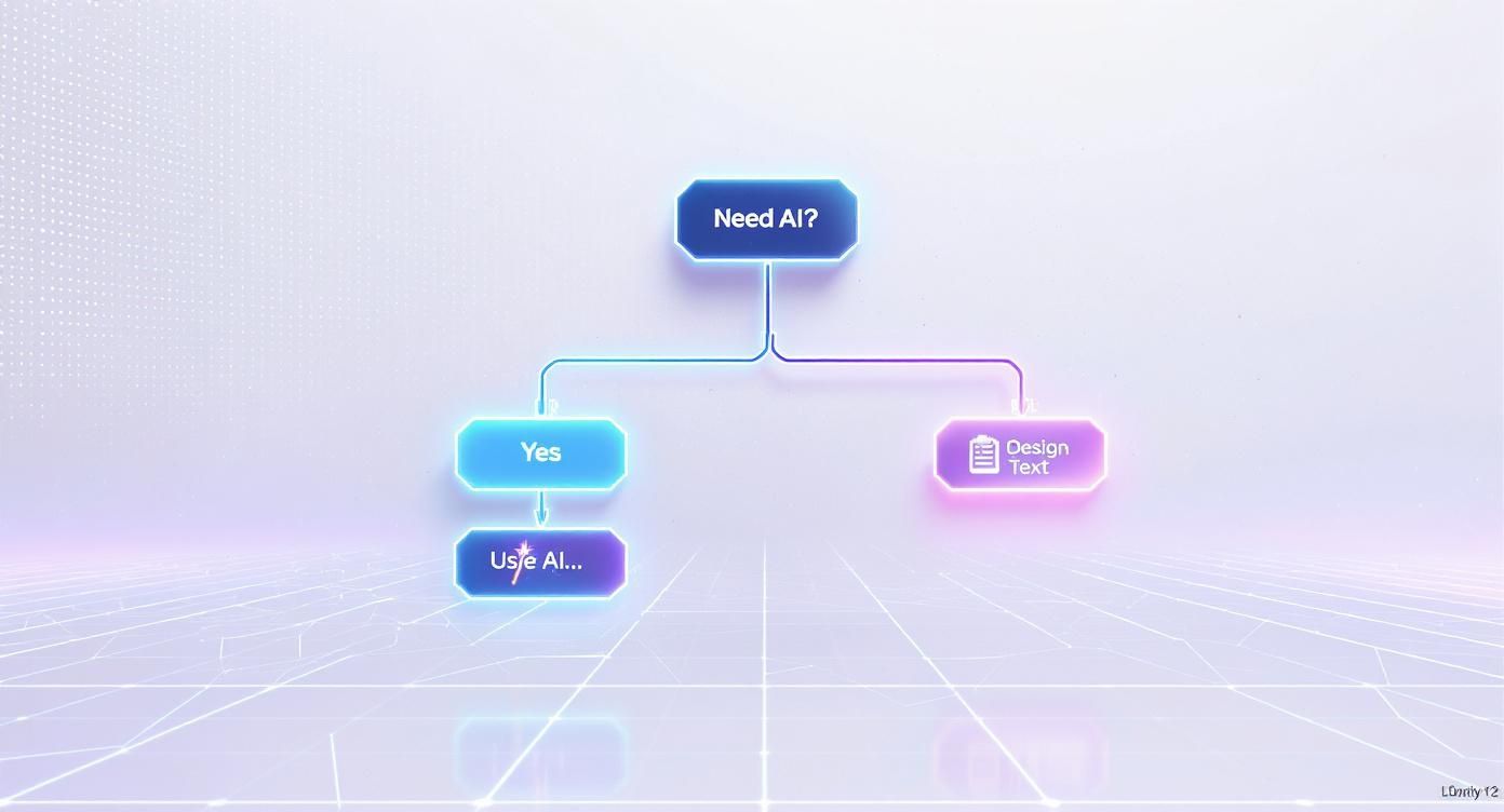 A vibrant flowchart displaying a decision point 'Need AI?', leading to 'Yes' and 'Use AI...' or 'Design Text'.