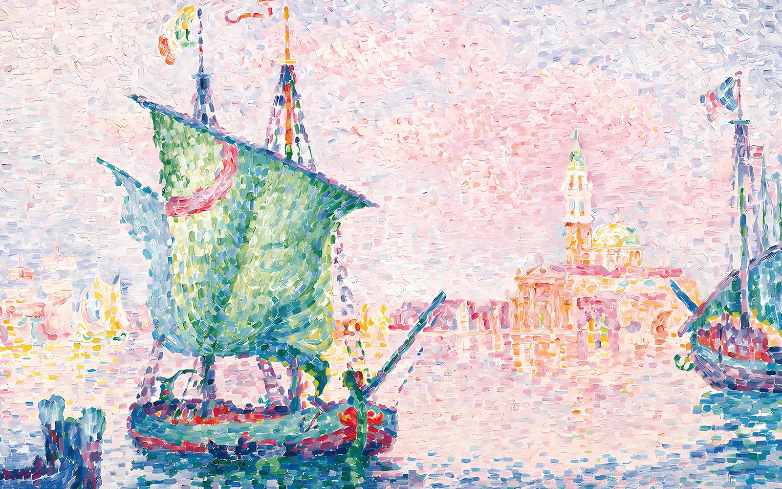 Sailboat on Venice waters with San Giorgio Maggiore in the background, The Pink Cloud by Paul Signac.