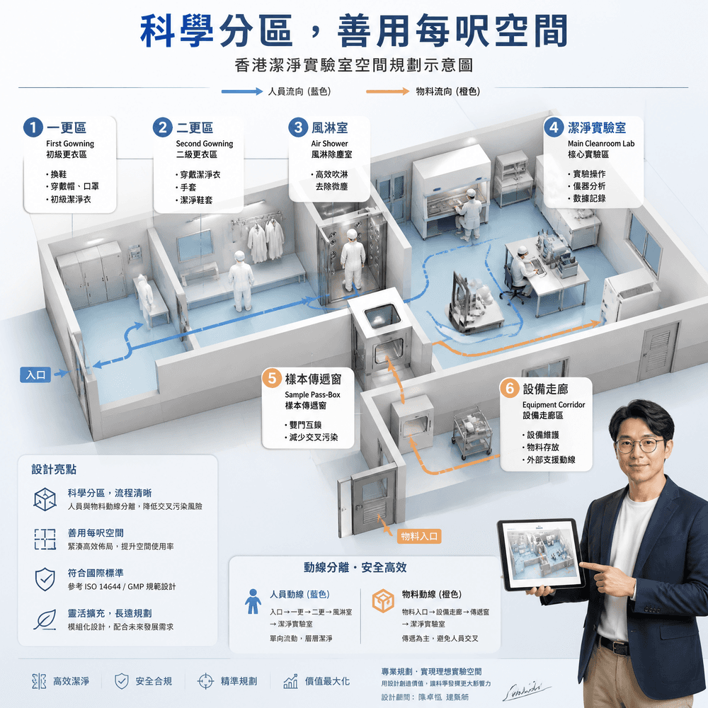 香港無塵車間工程的實驗室潔淨空間規劃圖,展示科學分區、風淋室及ISO標準無塵室佈局設計。