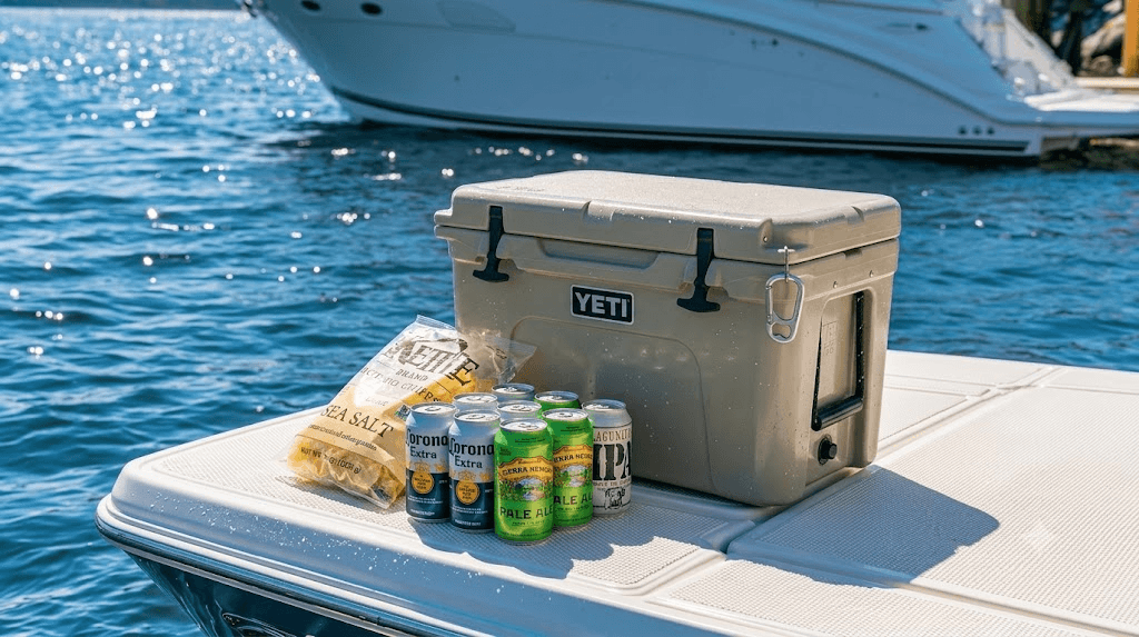 Yeti cooler with snakcs out on the boat