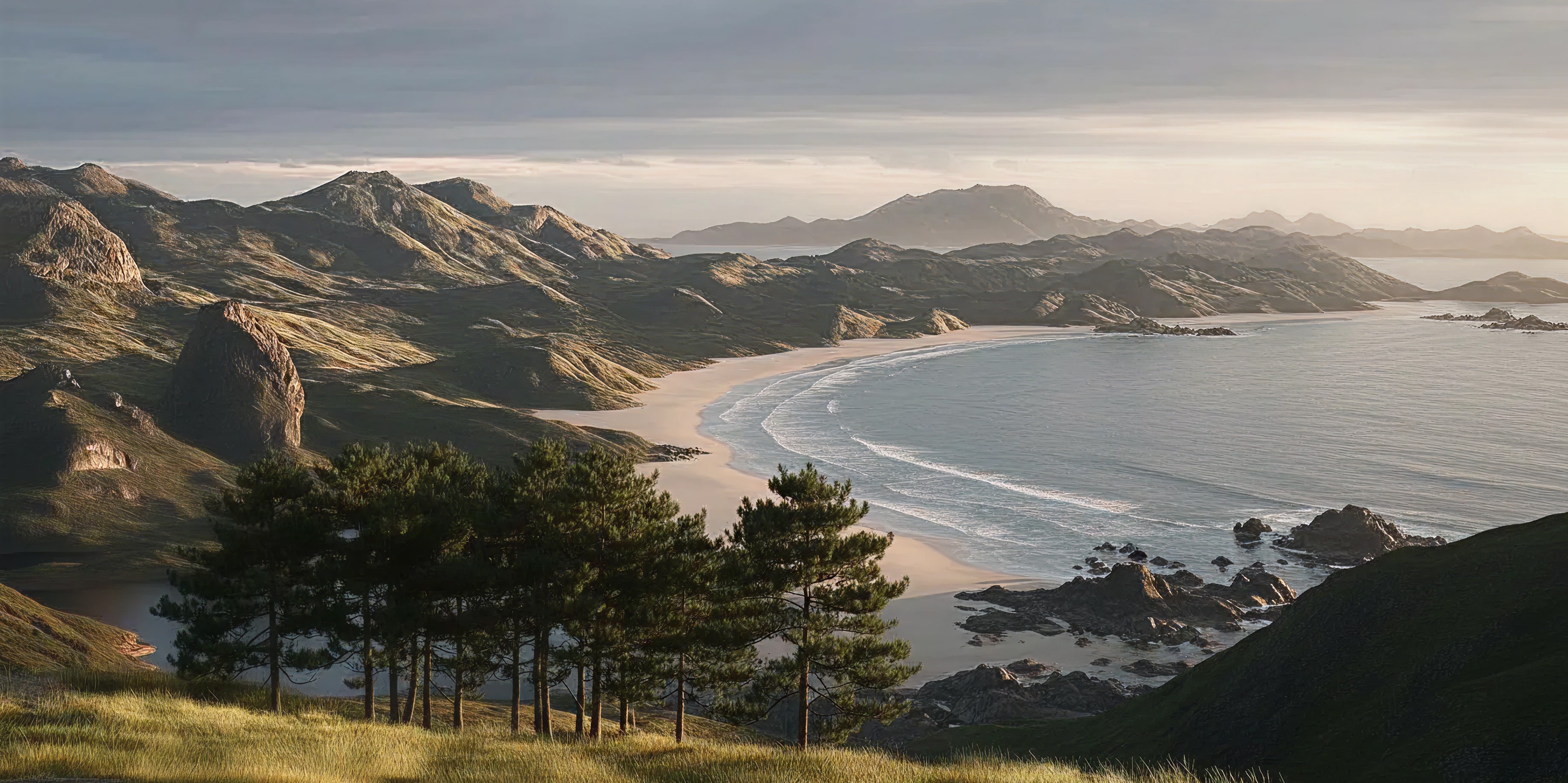 beach-on-mountainous-coast-with-pine-trees