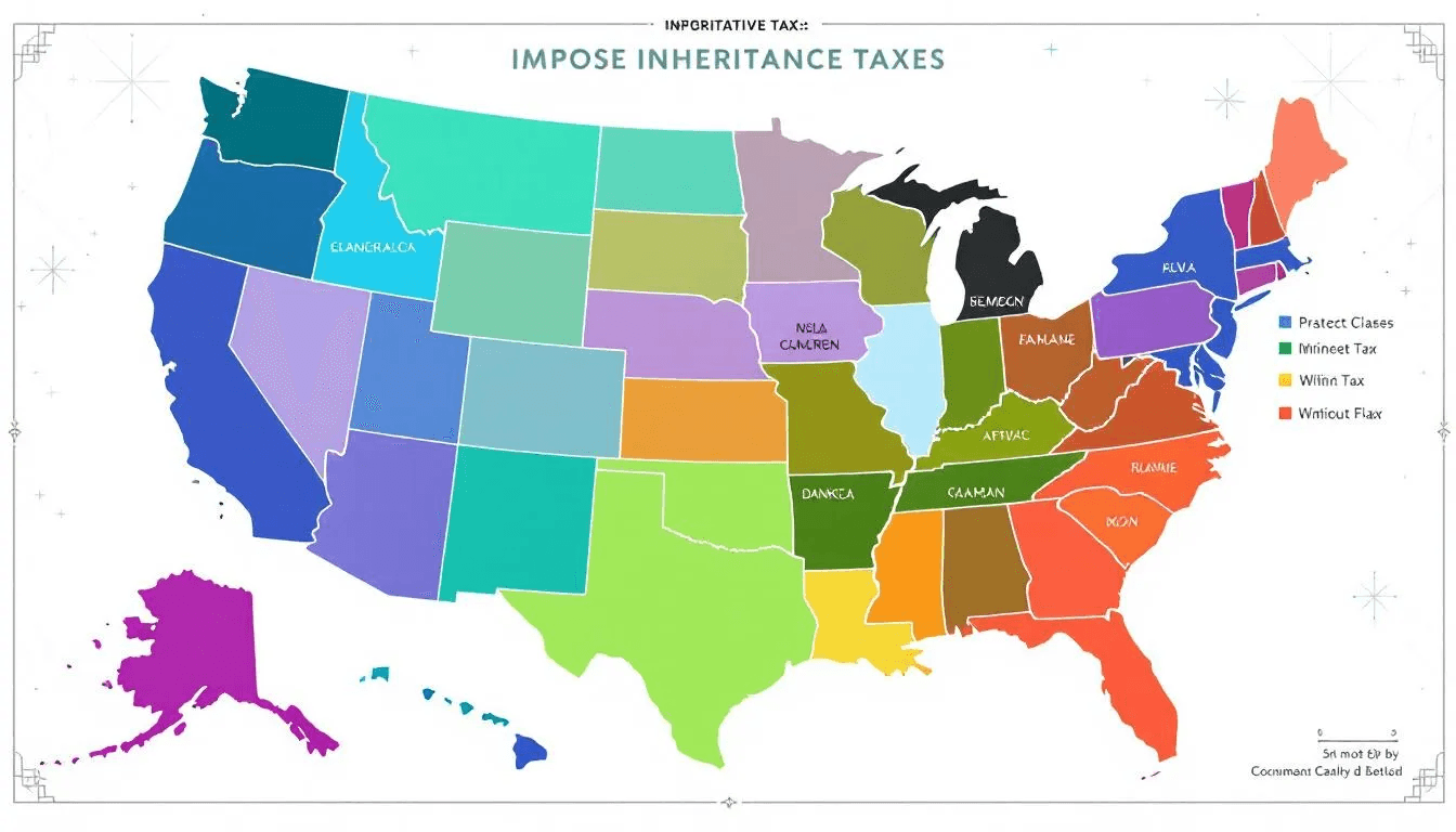 Map highlighting states that impose inheritance taxes.