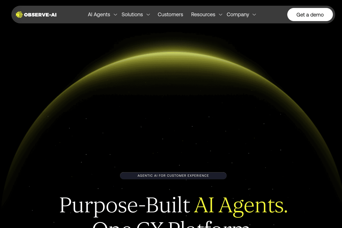 Observe.AI homepage headlined Purpose-Built AI Agents, One CX Platform for contact centers