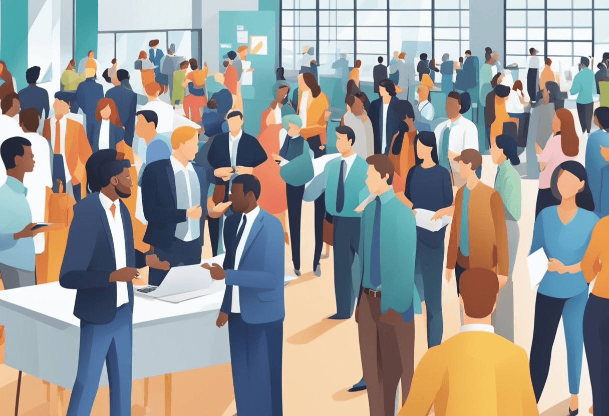 alt="A bustling job fair with HR professionals engaging with eager job seekers, exchanging information and building connections"