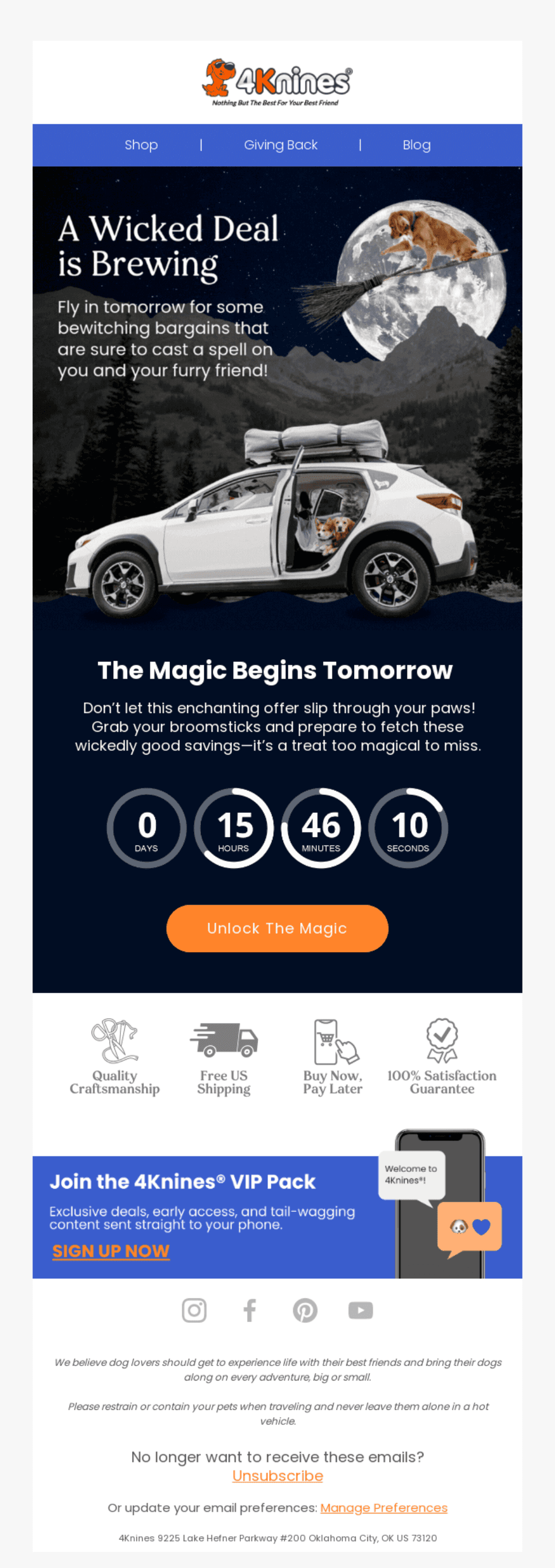 4Knines Countdown Email: "4Knines email promotion featuring a countdown timer with a Halloween theme, showcasing a dog inside a car with the text 'A Wicked Deal is Brewing' and a call-to-action button 'Unlock the Magic.'"