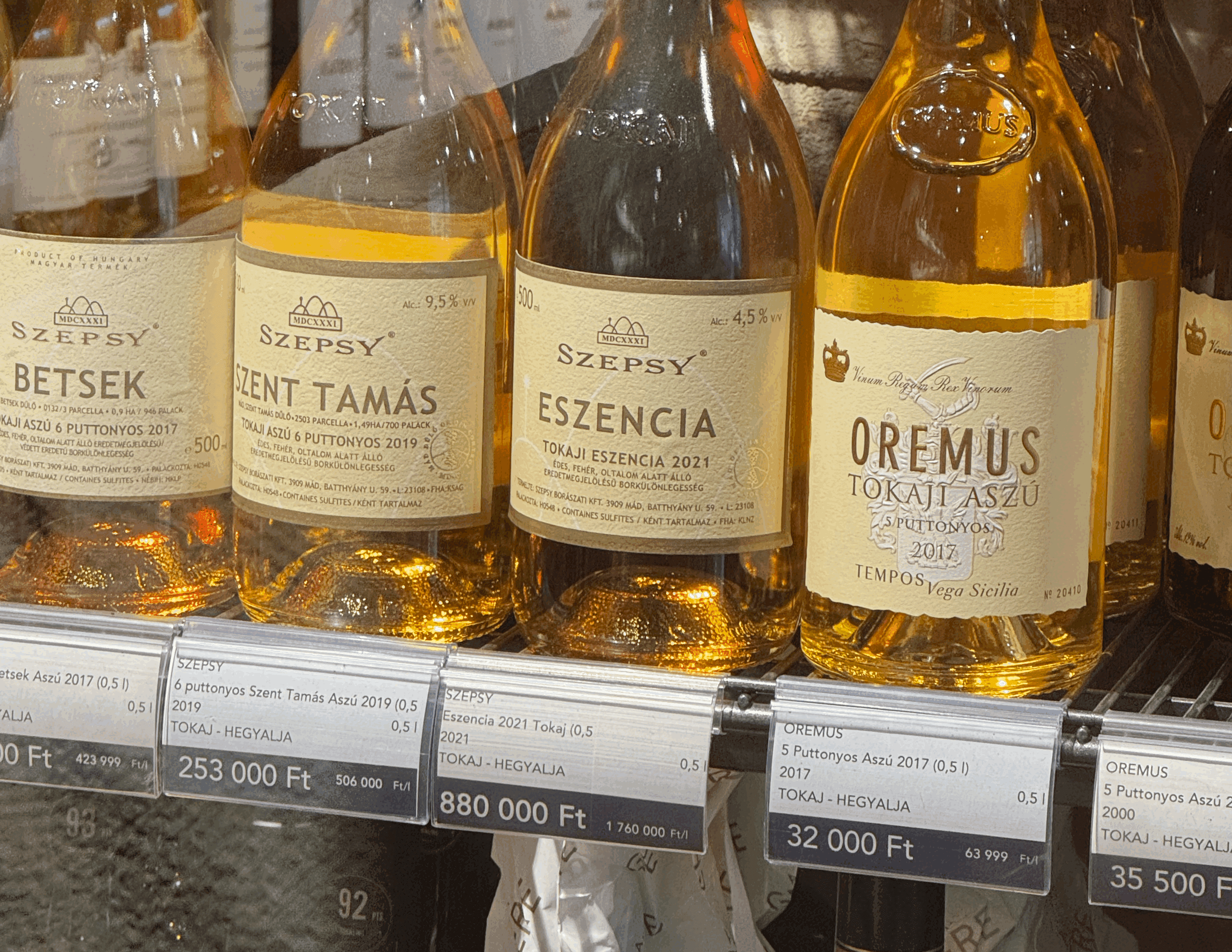 The Tokaji Aszú: "Vinum Regum, Rex Vinorum" (Wine of Kings, King of Wines). Check the prices, ~330 Hungarian Forint is $1.00.