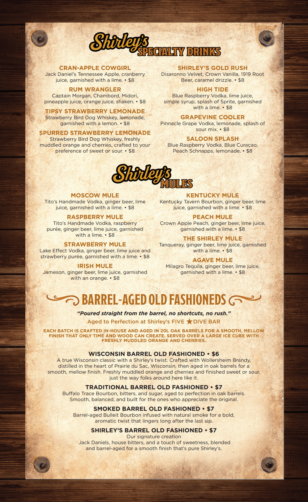 Shirley's Saloon Menu