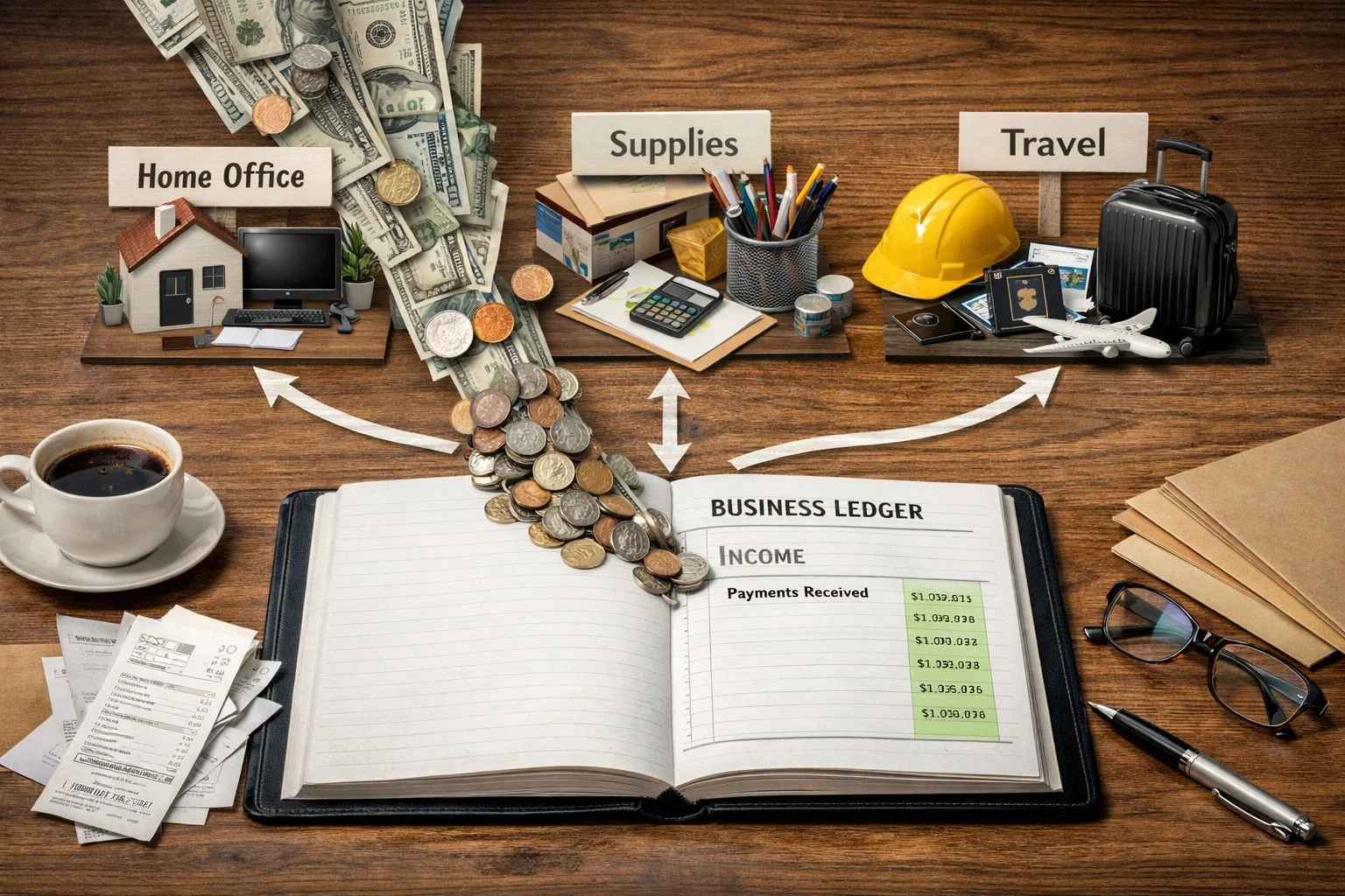Income flowing into a contractor’s business ledger, with expense icons for home office, supplies, and travel branching out.