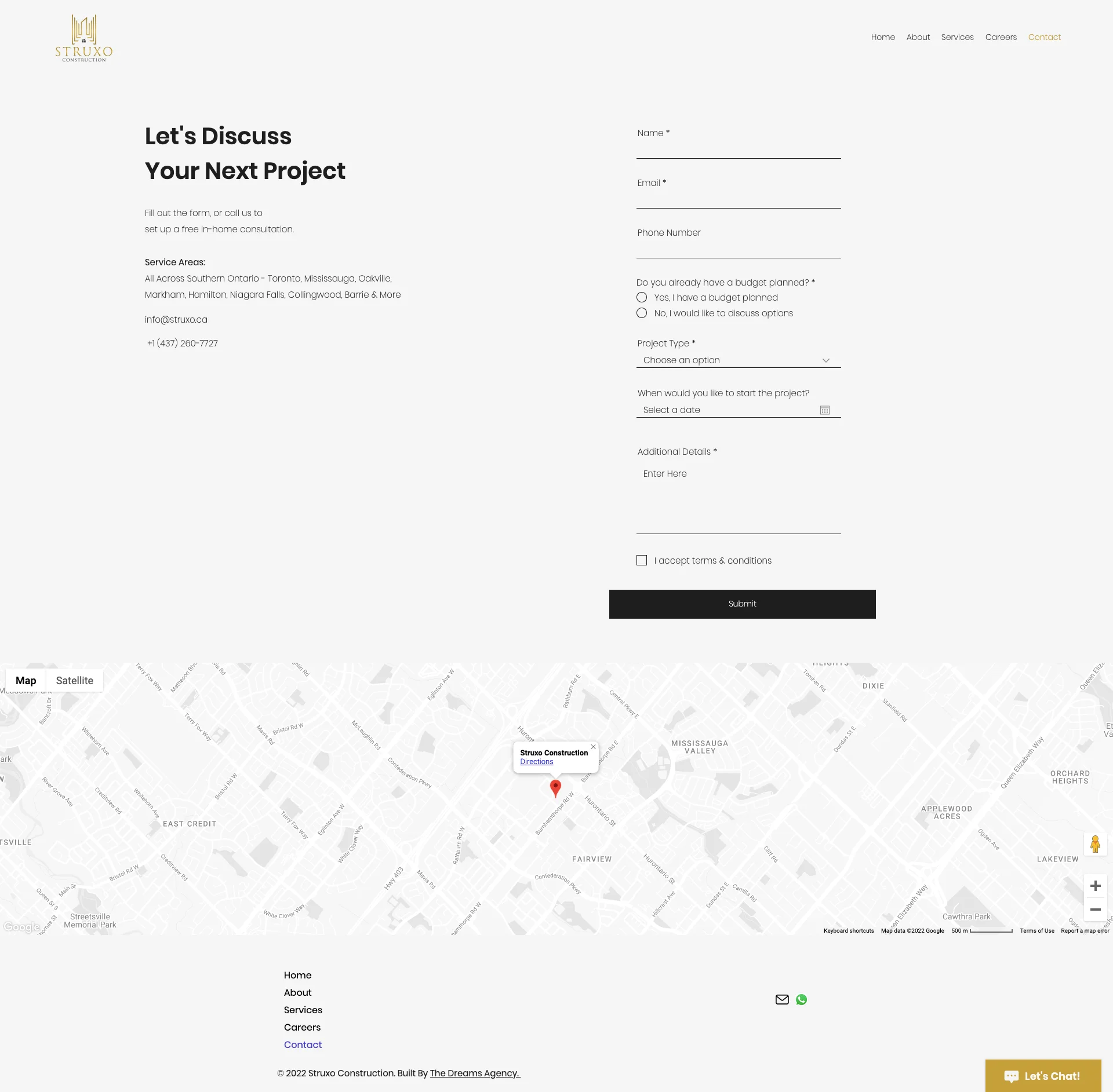 contact page for struxo website developed & designed by Dreams Agency Mississauga, Ontario