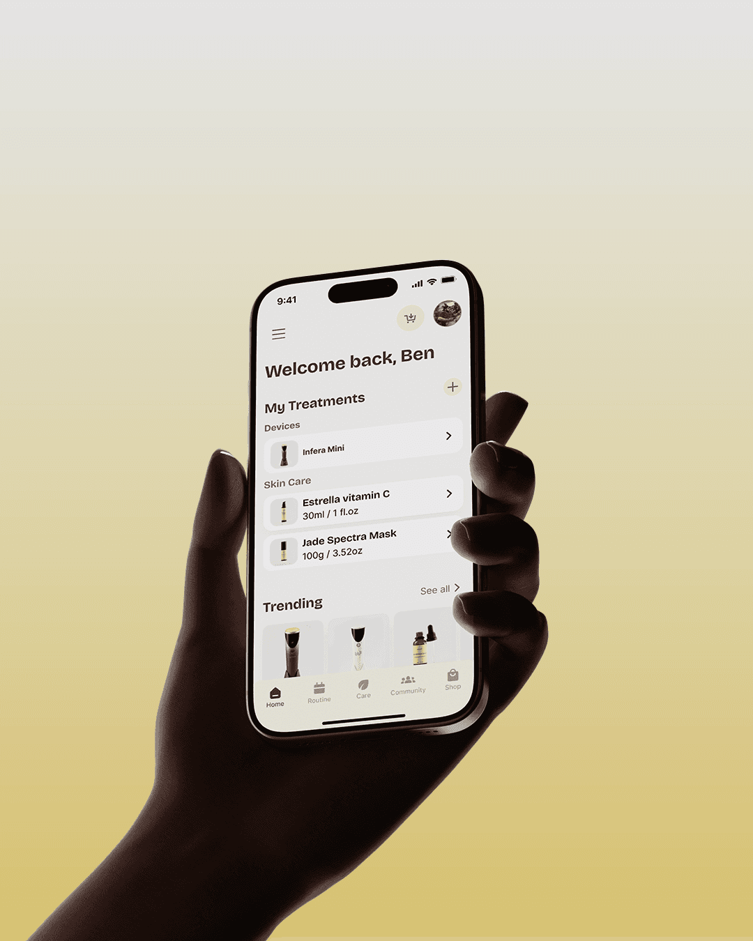 Infera mobile app design showing personalized skincare dashboard, product management, and clean UX UI design on iPhone