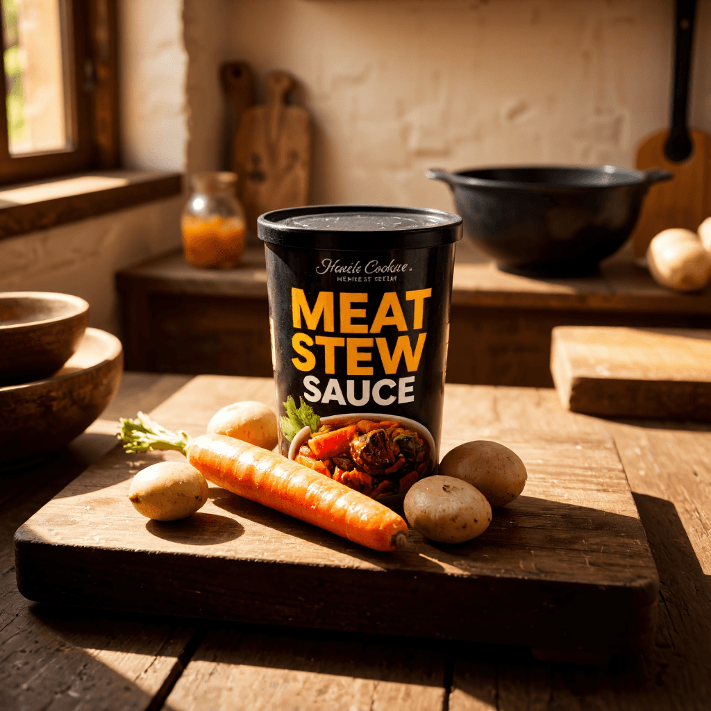 product photography of a container of meat stew sauce, used for cooking