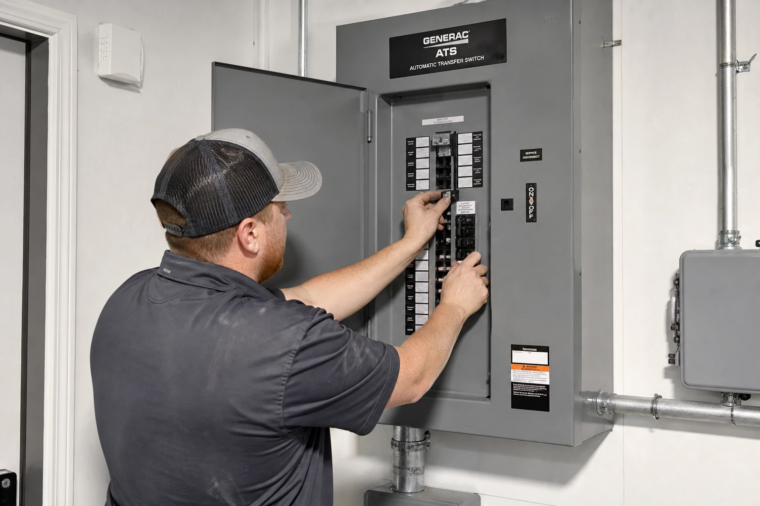 Un electricista instalando un panel de interruptor de transferencia automática para toda la casa para energía de respaldo de generador en una casa personalizada