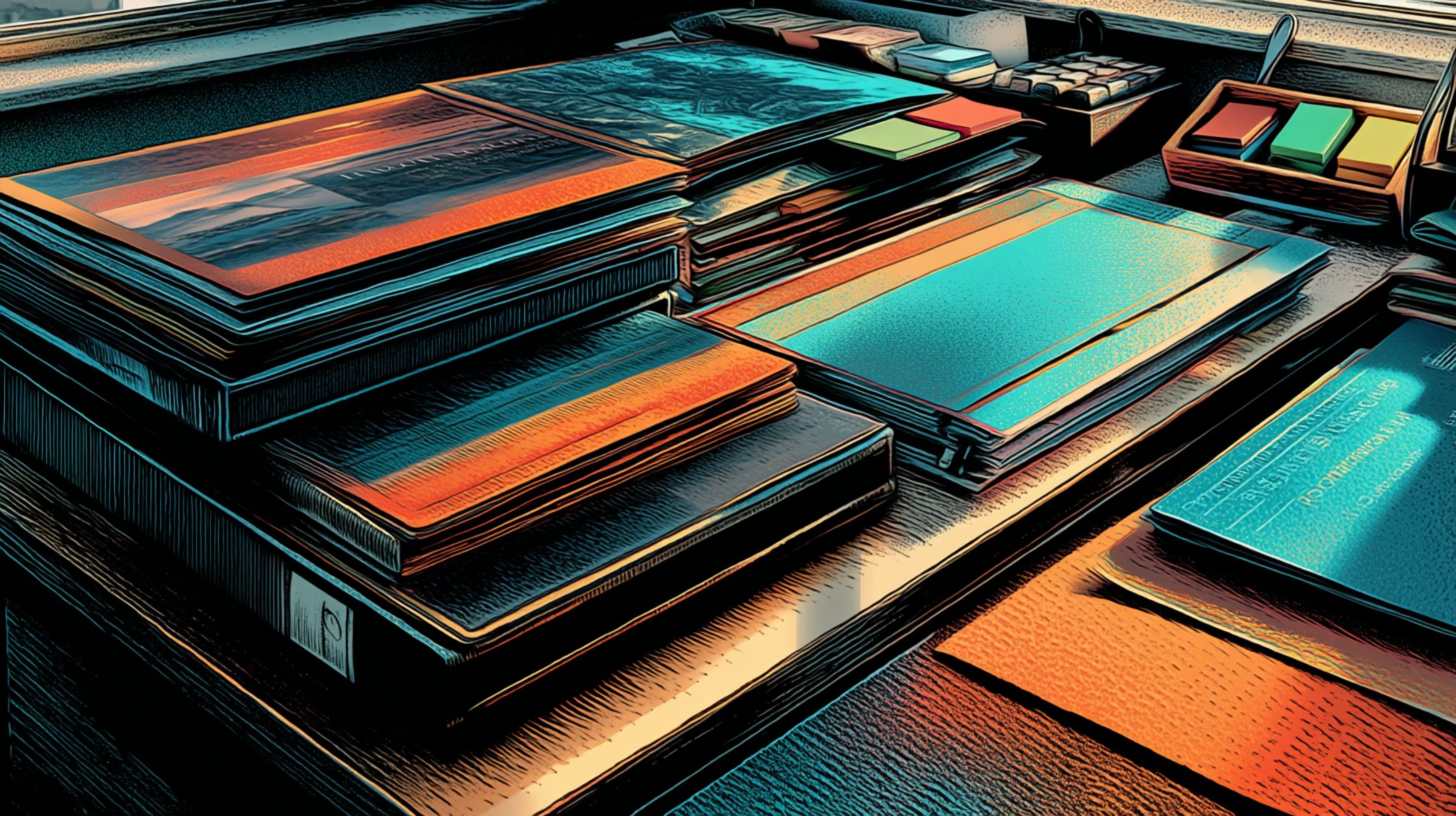 A clean workspace stacked with labeled project folders and color-coded notes, capturing the satisfying order of completion.