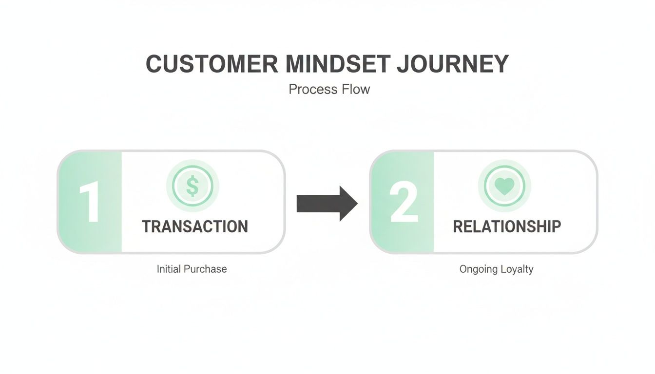 Process flow illustrating the customer mindset journey from initial transaction to ongoing loyalty.