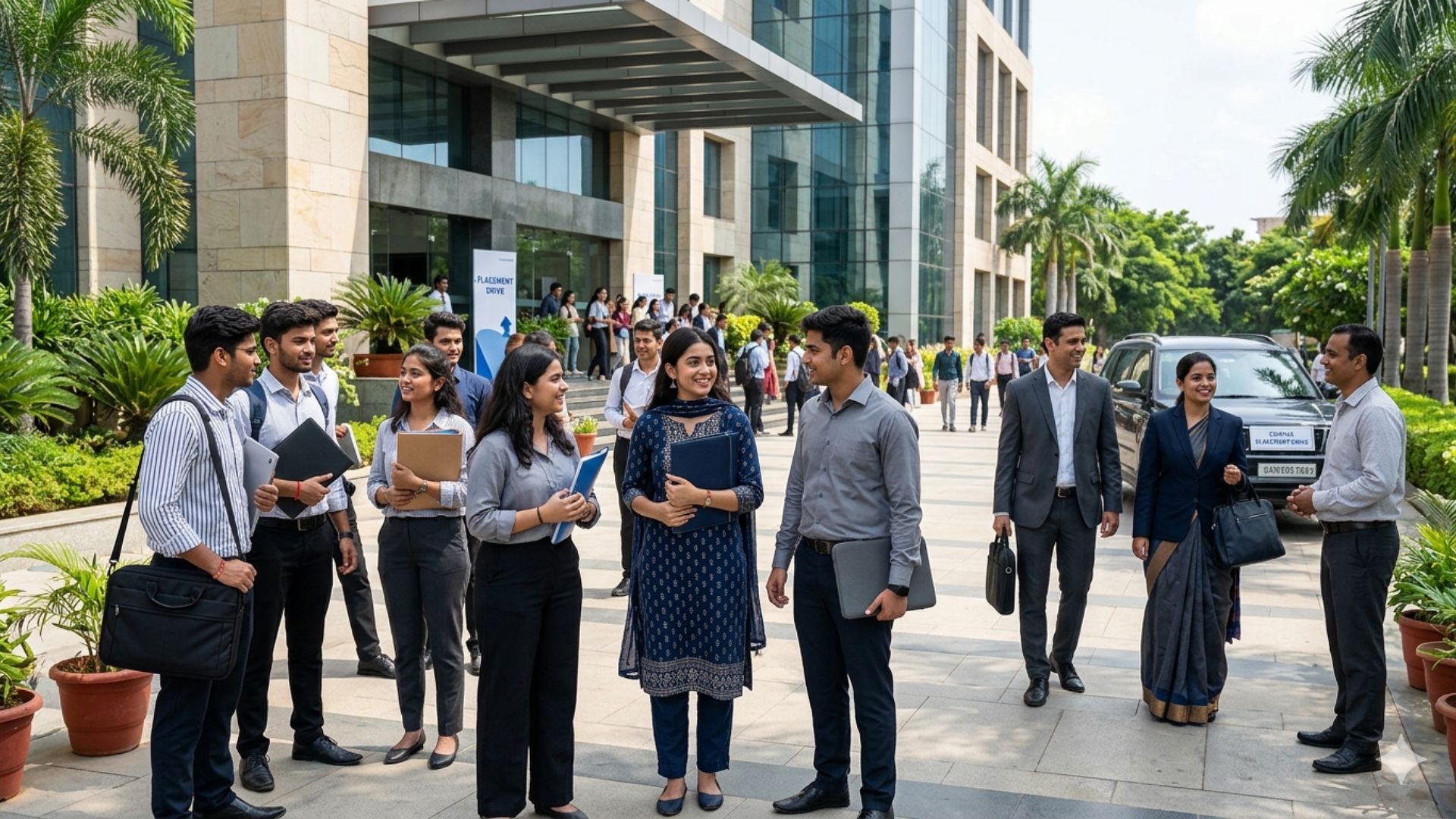 Students interacting with professionals outside a modern campus building during a placement or industry interaction event, reflecting real-world exposure in computer science colleges