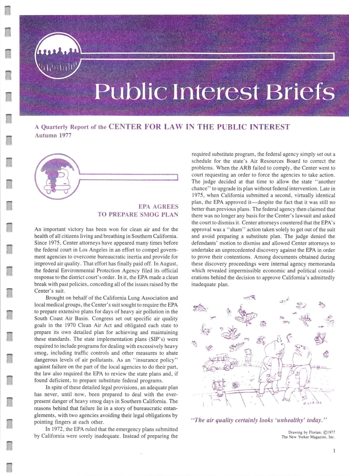 Cover of Center for Law In The Public Interest's Quarterly Report, Autumn 1977 Edition Public Interest Briefs