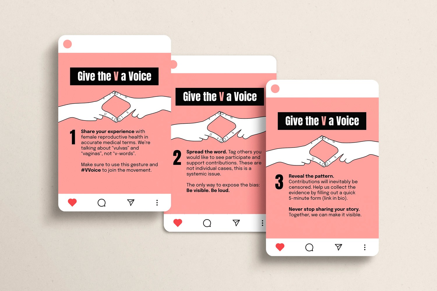 Mockup showing 3 slides of a carousel social media post explaining the participation concept