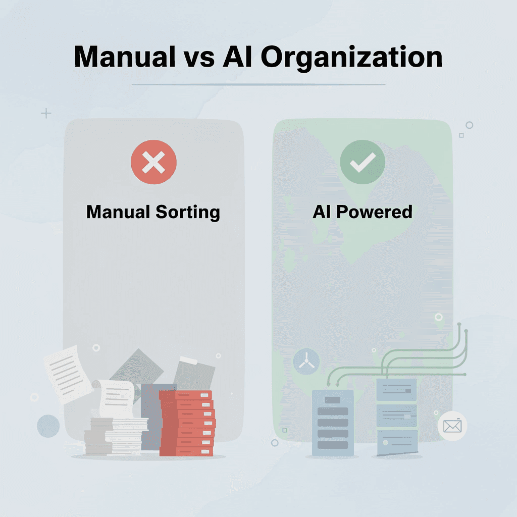 Comparison showing transformation from manual to AI-powered document organization