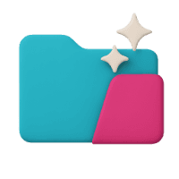 Icon of a two-toned folder, blue and pink, with sparkles, representing organization or file management.