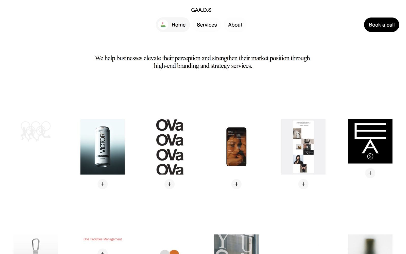 Clean website design with a minimalist layout. Features bold black text, "We help businesses elevate..." on a white background.