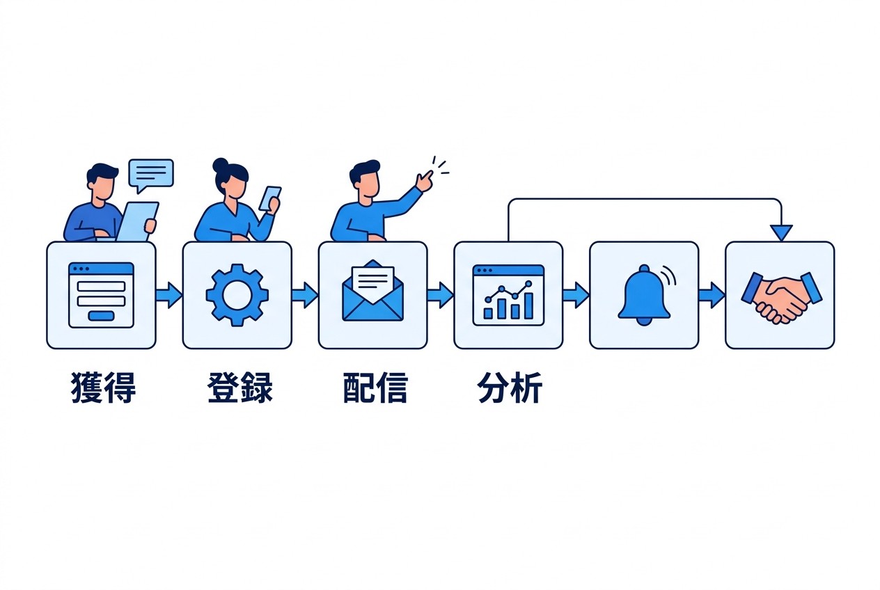 MAツールによるリード育成の自動化フロー。リード獲得から営業引き渡しまでの各段階で適切な情報提供と行動トリガーを設定し、効率的な見込み客育成を実現する。