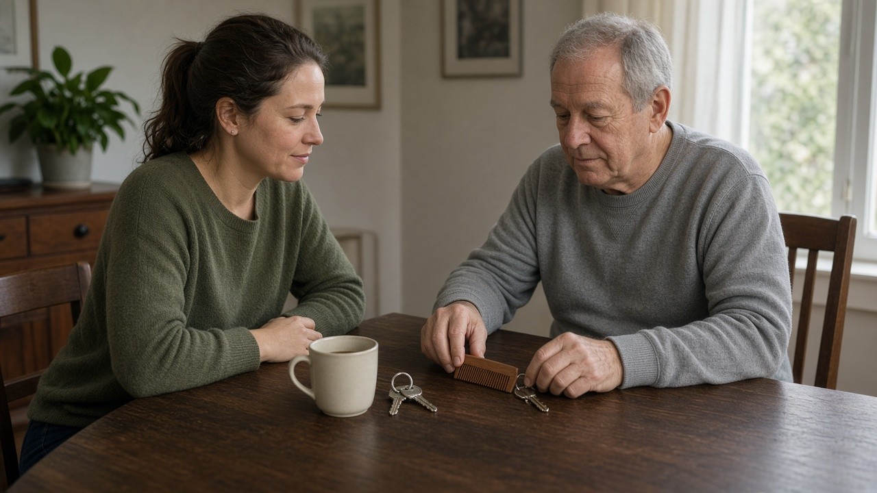 The image depicts a cognitive therapy session aimed at dementia care. An elderly man and a younger woman sit at a wooden table in a bright, home-like environment. The therapy involves object recognition and memory exercises; the man is holding a brown comb attached to a keyring, and there are two sets of keys placed on the table alongside a coffee mug. The activity is designed to help dementia patients maintain cognitive function, focusing on familiar everyday objects to stimulate memory and recognition skills.