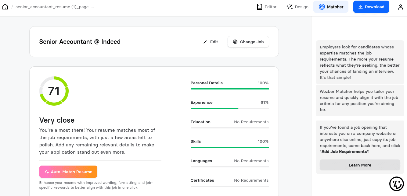 Wozber Matcher showing a 71 percent match score with Experience at 61 percent