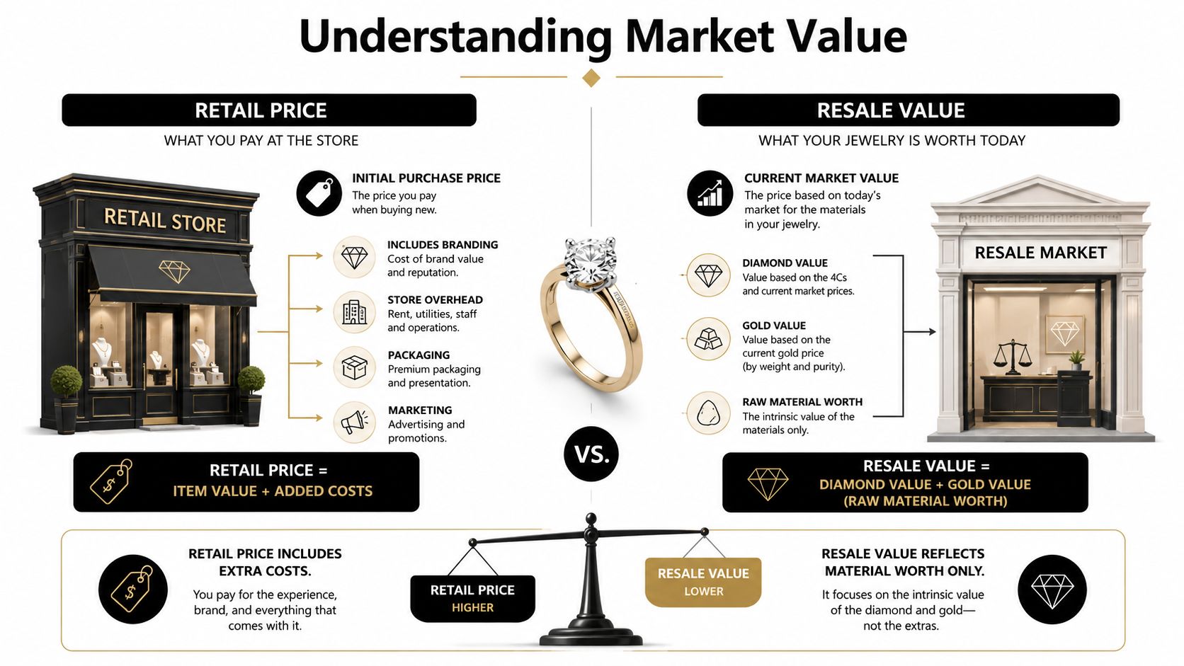 An infographic explaining the difference between retail price and resale value for diamond engagement rings.
