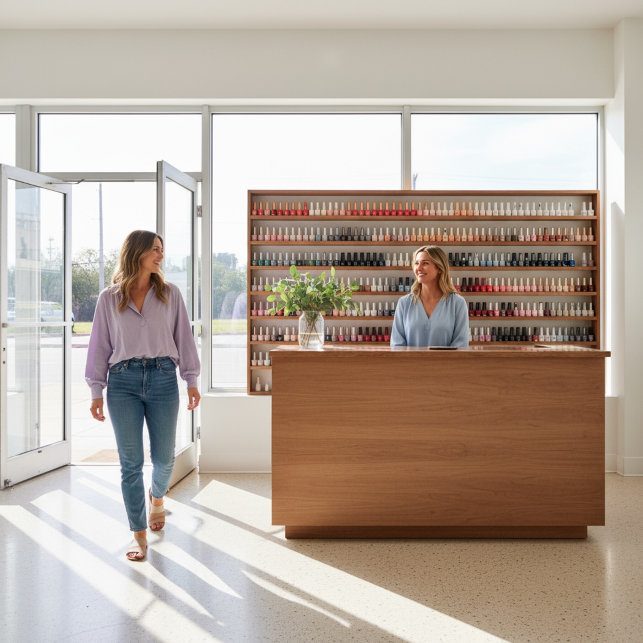 Eine Kundin betritt ein lichtdurchflutetes Studio und wird an der Rezeption freundlich begrüßt. Ein ordentliches Regal mit Farbflaschen rahmt die Szene, alles wirkt klar und einladend. Man spürt, dass ein Termin unkompliziert gefunden und bestätigt ist, bevor die Behandlung beginnt.