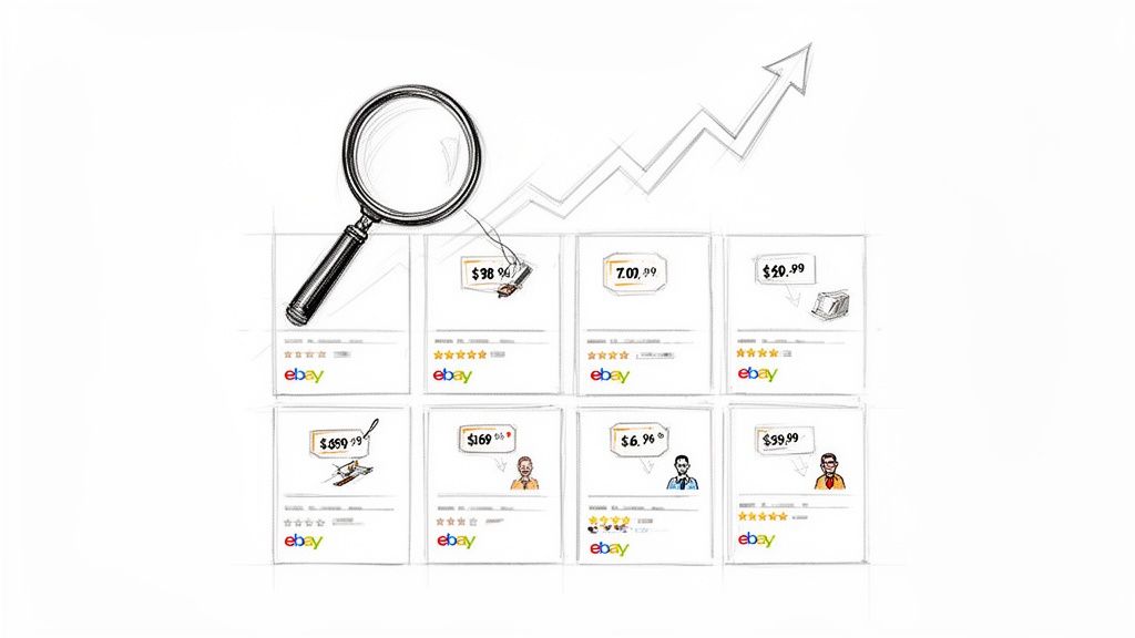 Web scraping concept with magnifying glass examining eBay listings and an upward trend chart.
