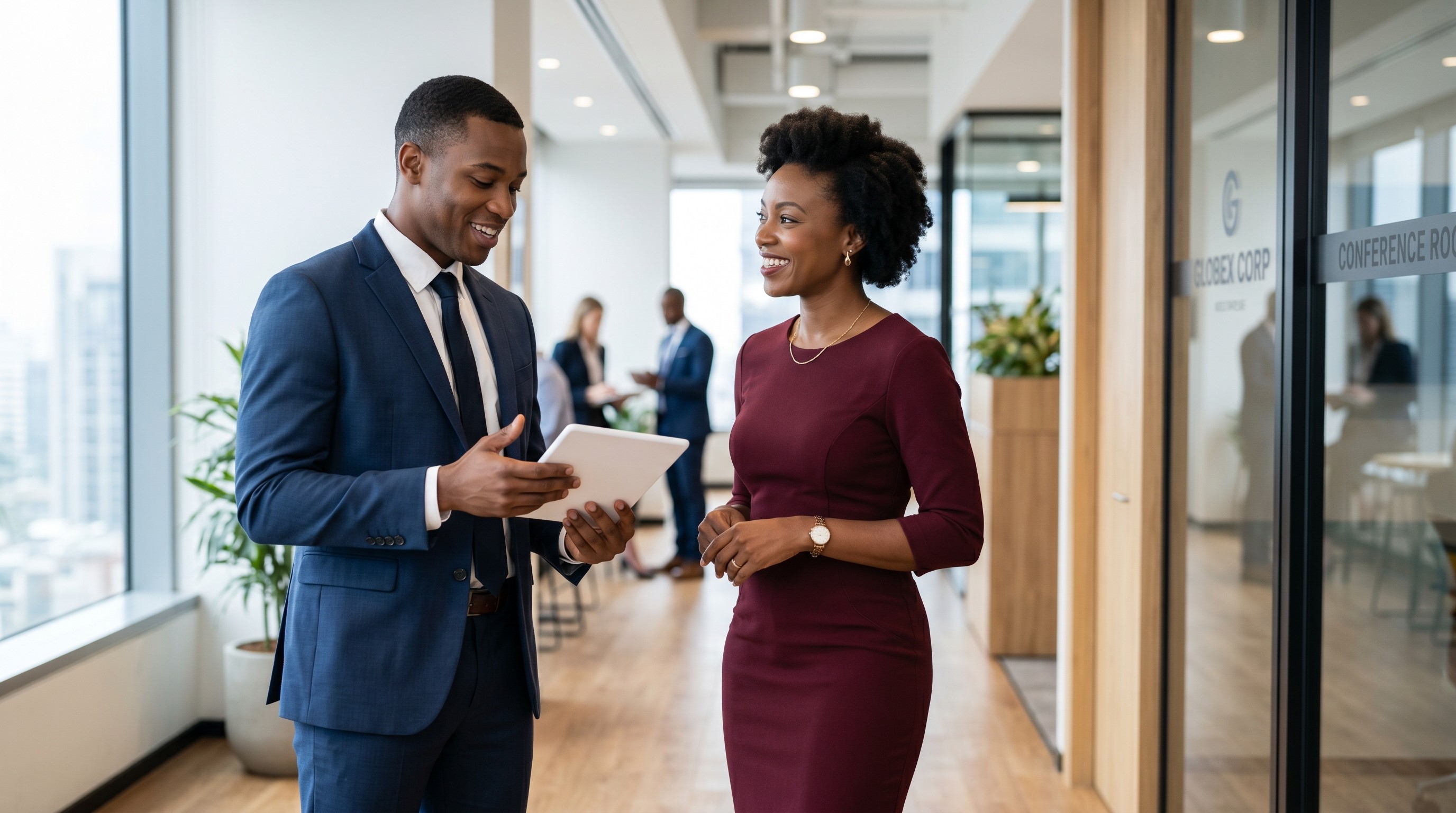 Two professionals in a modern office discussing something on a tablet, showcasing collaboration and a positive work environment.