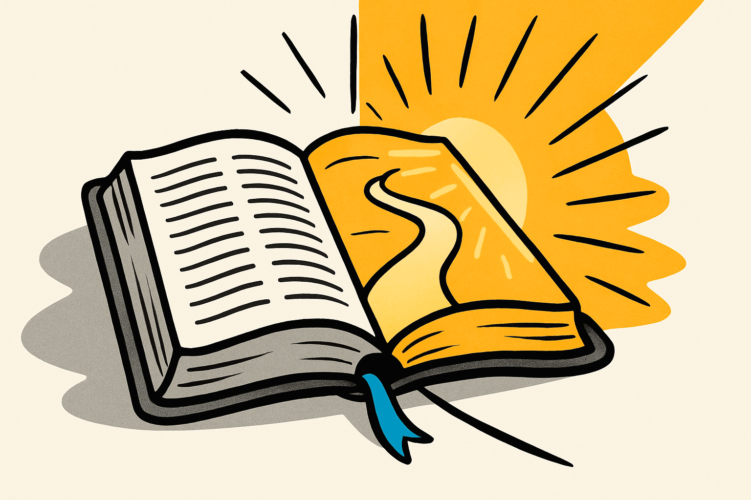 An open Bible with a winding golden path leading into the sunrise, symbolizing the journey of faith, hope, and spiritual direction through scripture.