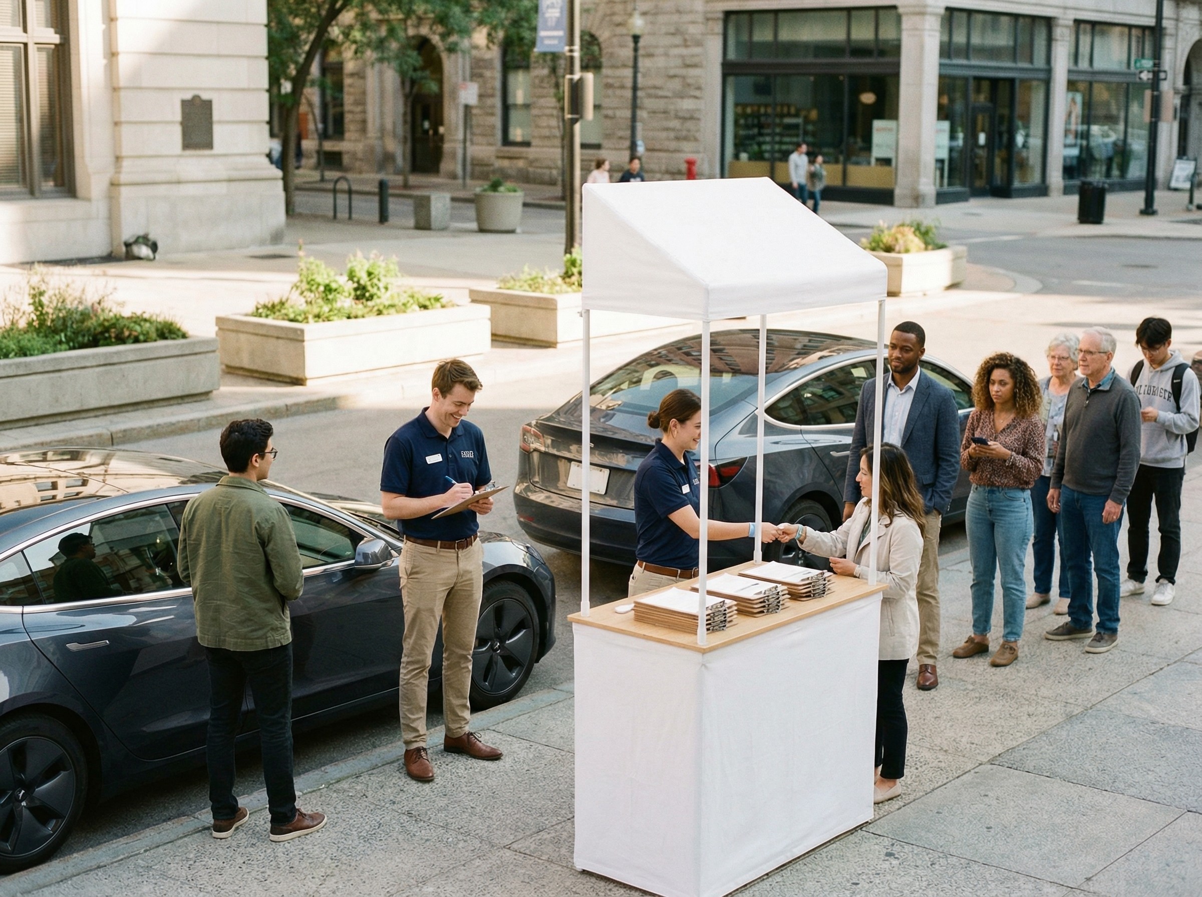 Ein mobiler Markenstand mit zwei Testfahrzeugen zieht neugierige Passanten an. Mitarbeitende begrüßen Besucher und notieren Namen auf einer Liste. Ein kleines Wartebändchen wird verteilt, während die nächste Fahrt gleich ansteht. Die Stimmung ist aufmerksam und freundlich.