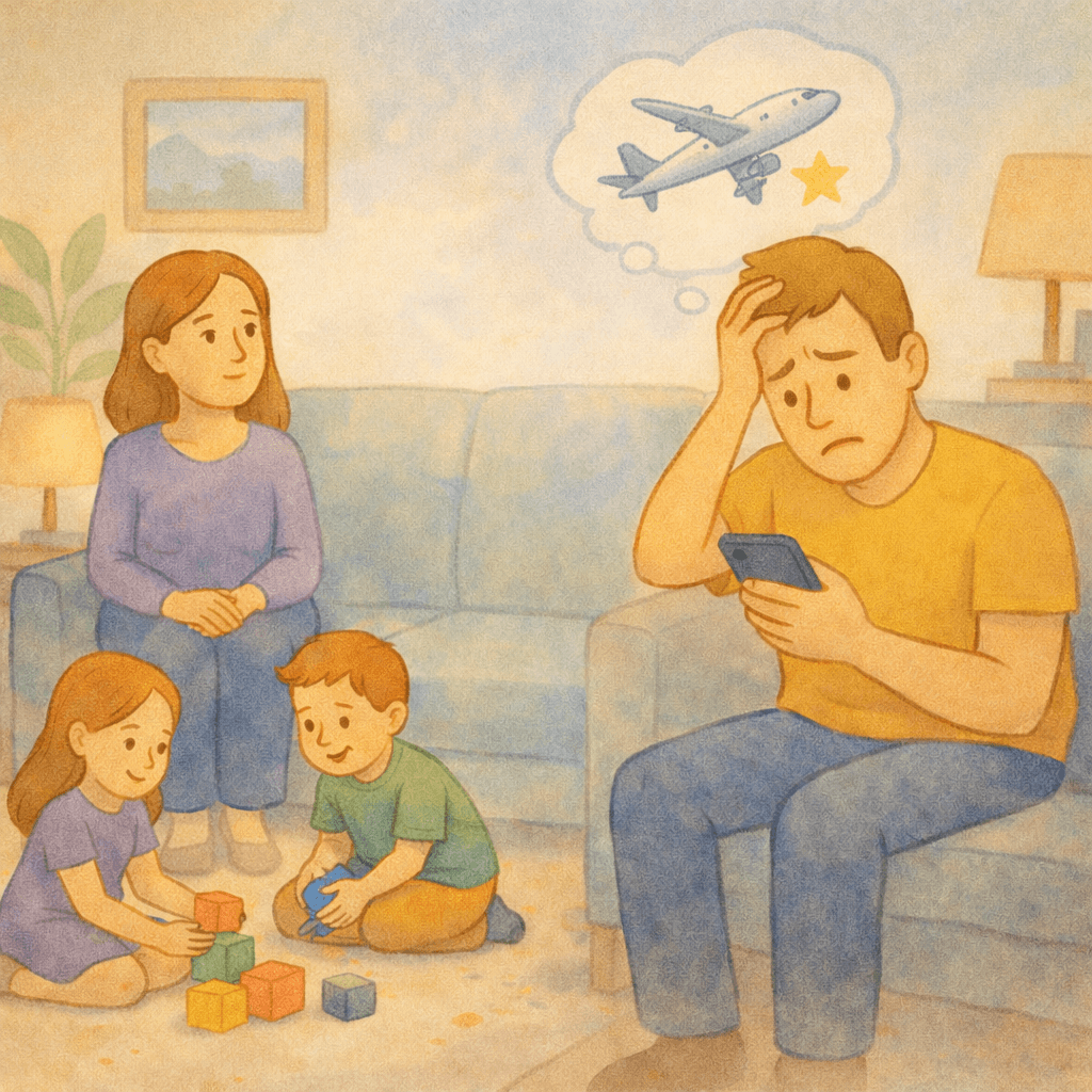 Ilustração de pai olhando o celular, frustrado por não ter milhas suficientes para viajar com a família usando pontos.