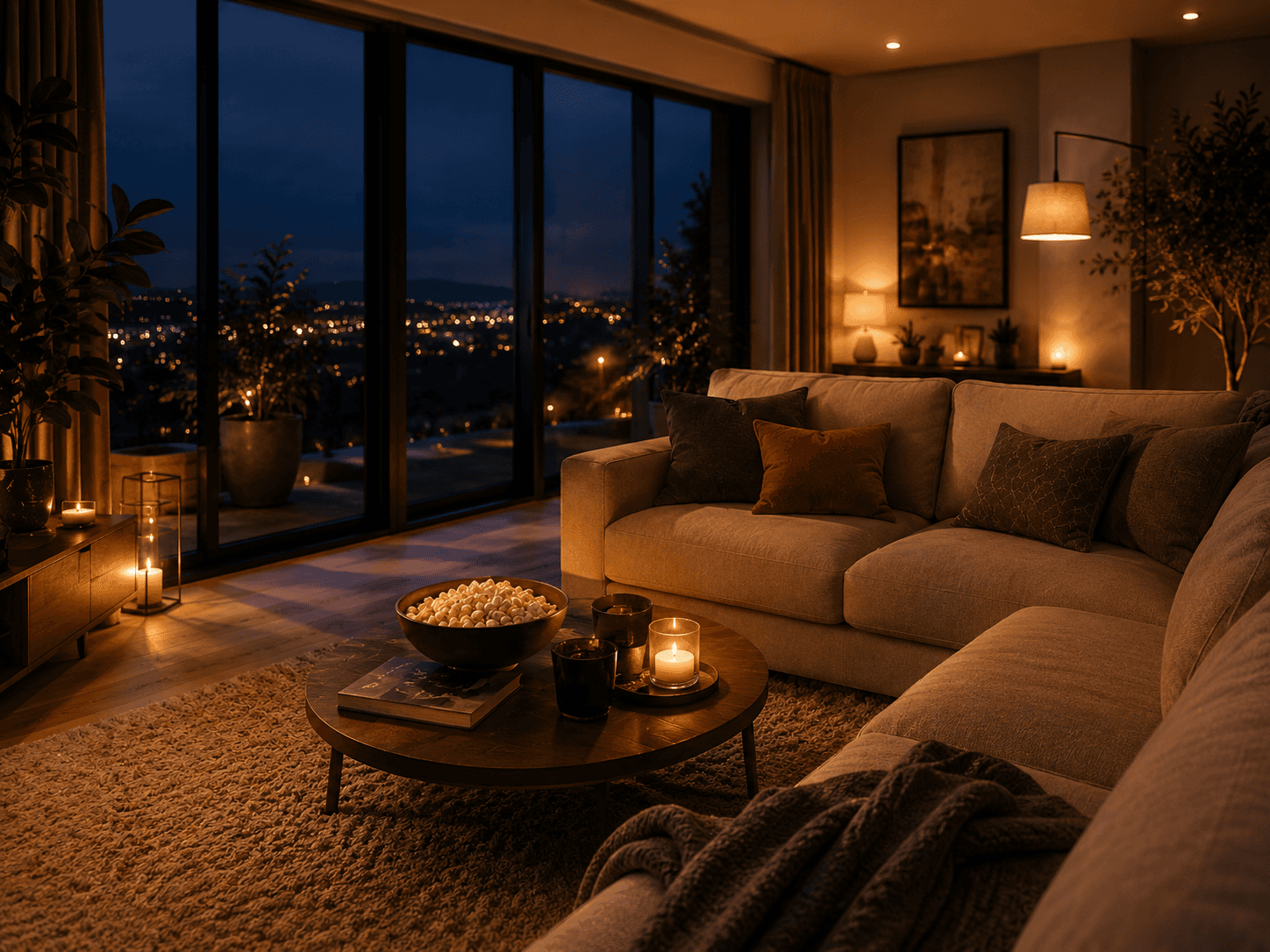 Modern interior with a small bonsai tree and large windows