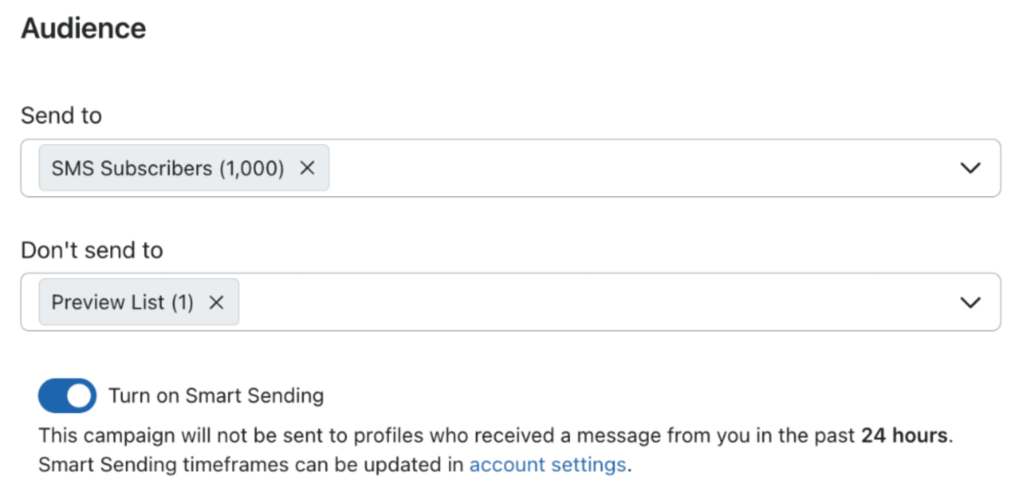  "A screenshot of the campaign setup page showing audience targeting with the 'Send to' segment set to SMS Subscribers (1000) and 'Don't send to' set to a Preview List with Smart Sending enabled for 24 hours."