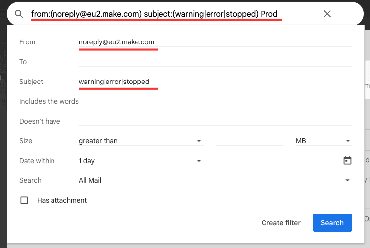 Gmail advanced search interface showing Make.com alert filter setup: from:noreply@eu2.make.com subject:(warning|error|stopped)