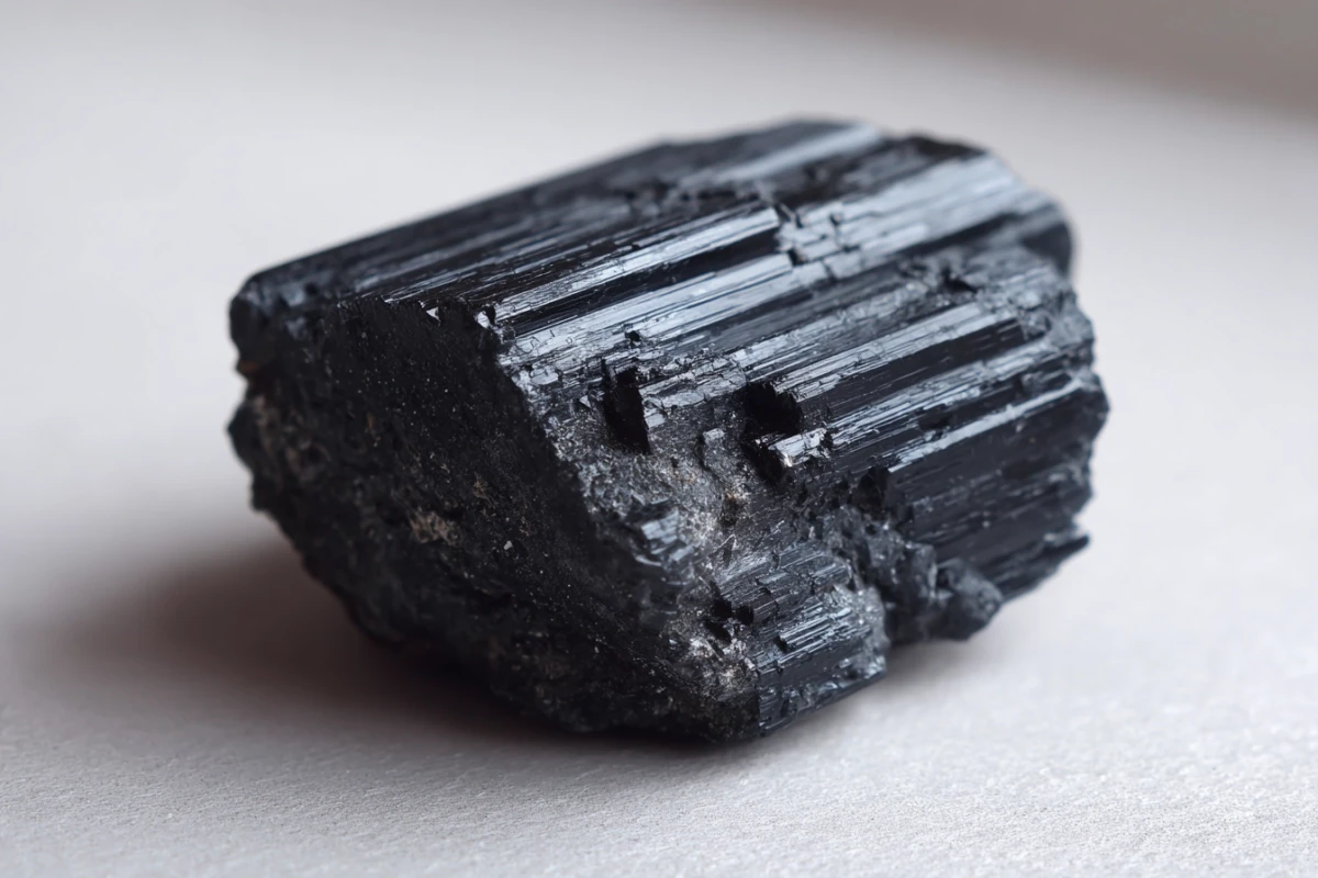 Raw black tourmaline crystal on simple surface
