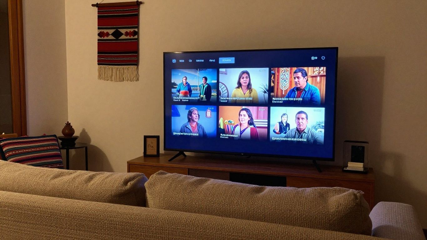 A living room television streaming films