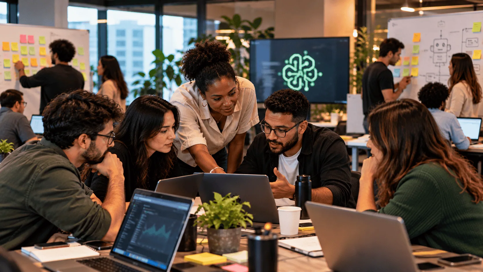 Profissionais de diferentes áreas participam de uma sprint de inteligência artificial em ambiente corporativo, colaborando na criação de soluções com IA. Equipes multidisciplinares trabalham com notebooks, fluxos de automação, brainstorming e metodologias ágeis para desenvolver projetos, testar ideias e acelerar a inovação nas empresas.