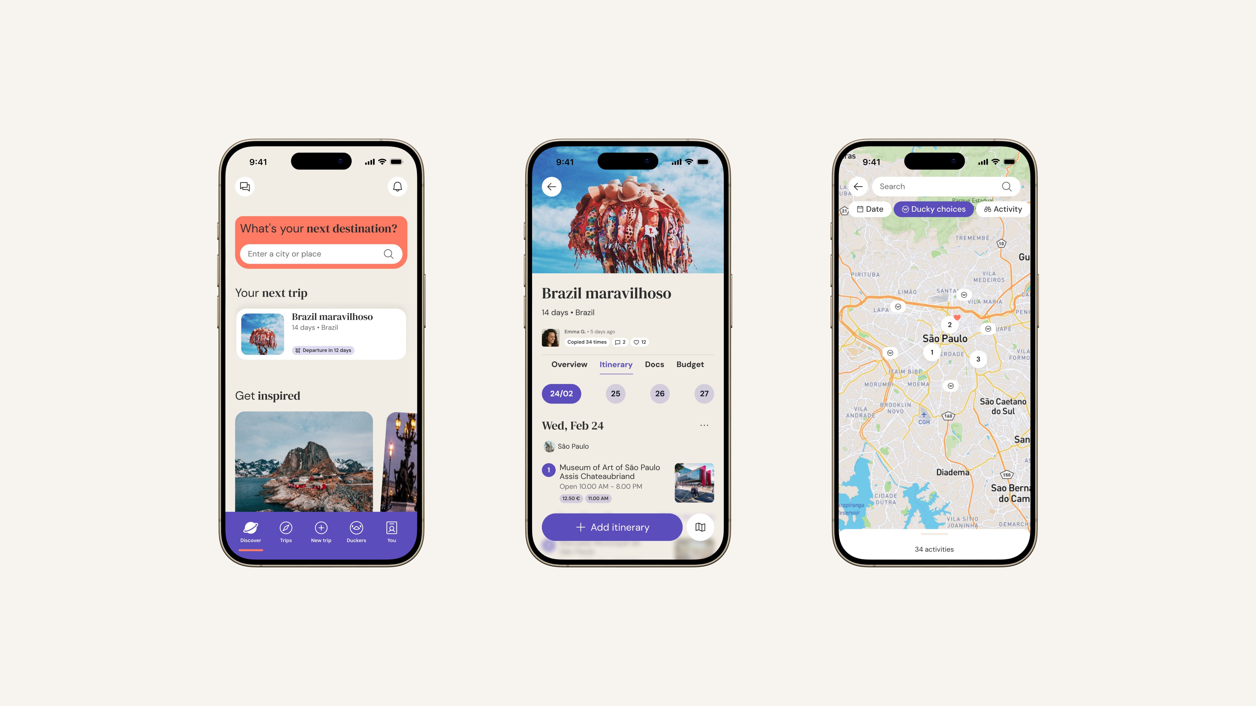 3 mobile screens of the new DuckAround app. Showing the home, the travel itinerary as well as the map featuring Ducky Choices.