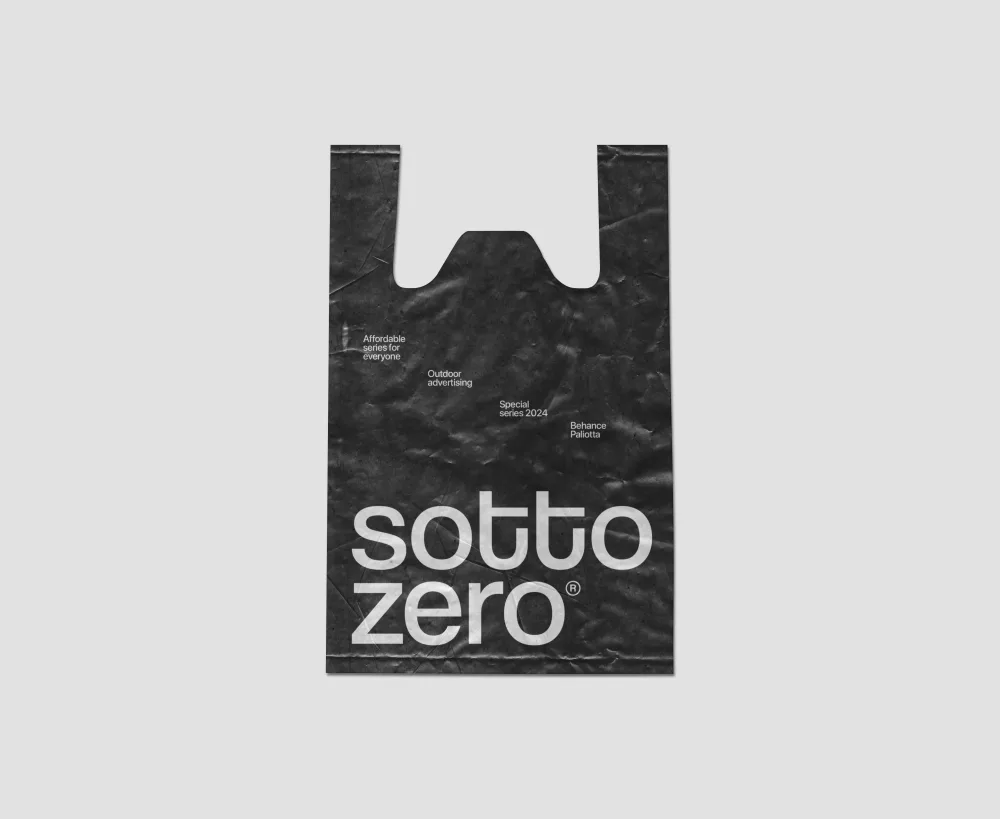 Red plastic bag mockup with a crinkled texture, featuring a die-cut handle and white minimalist text displaying branding and promotional elements. Background is light gray.