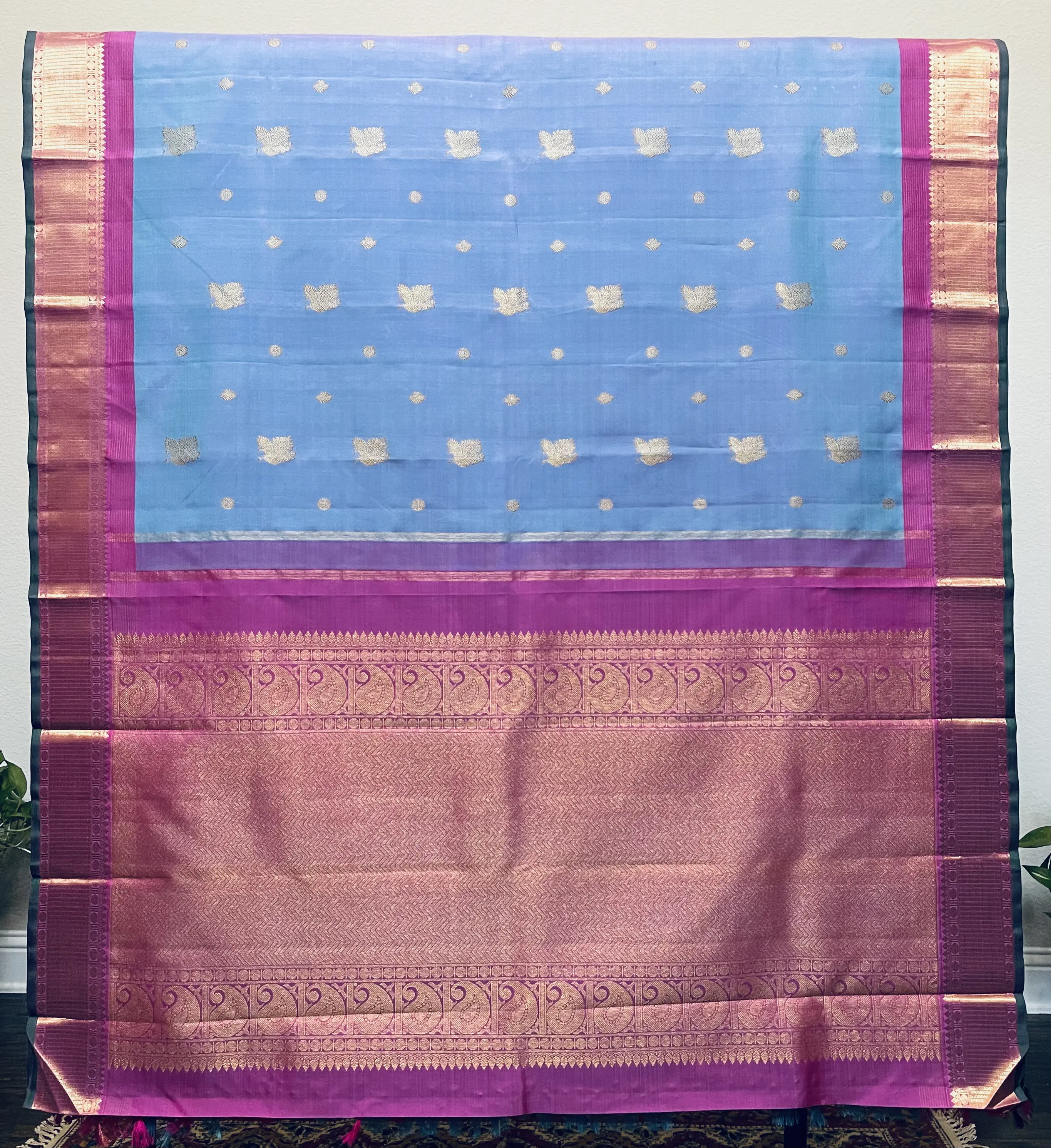 Cerulean Blue and Fuchsia Pink Kanchivaram Silk Saree