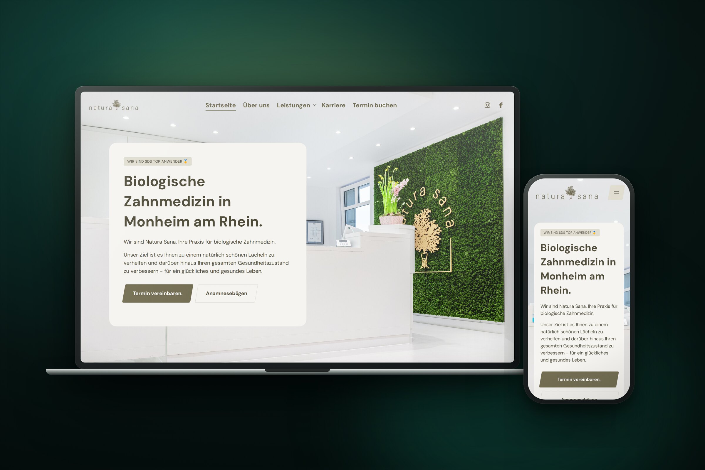 Website der Zahnarztpraxis Natura Sana in Monheim auf Laptop und Handy