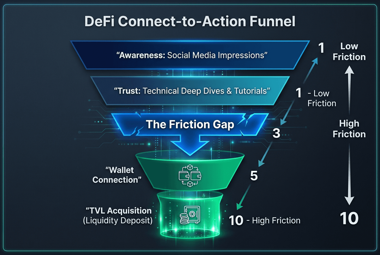 DeFi influencer marketing funnel diagram showing stages from social media awareness to technical trust building, wallet connection, and TVL acquisition.