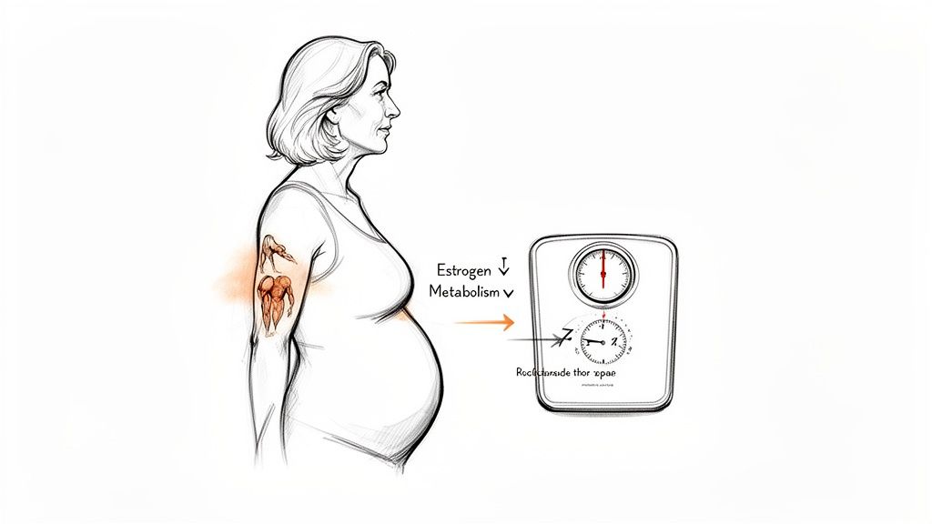 Illustration showing a perimenopausal woman with decreased estrogen and metabolism impacting weight on a scale.