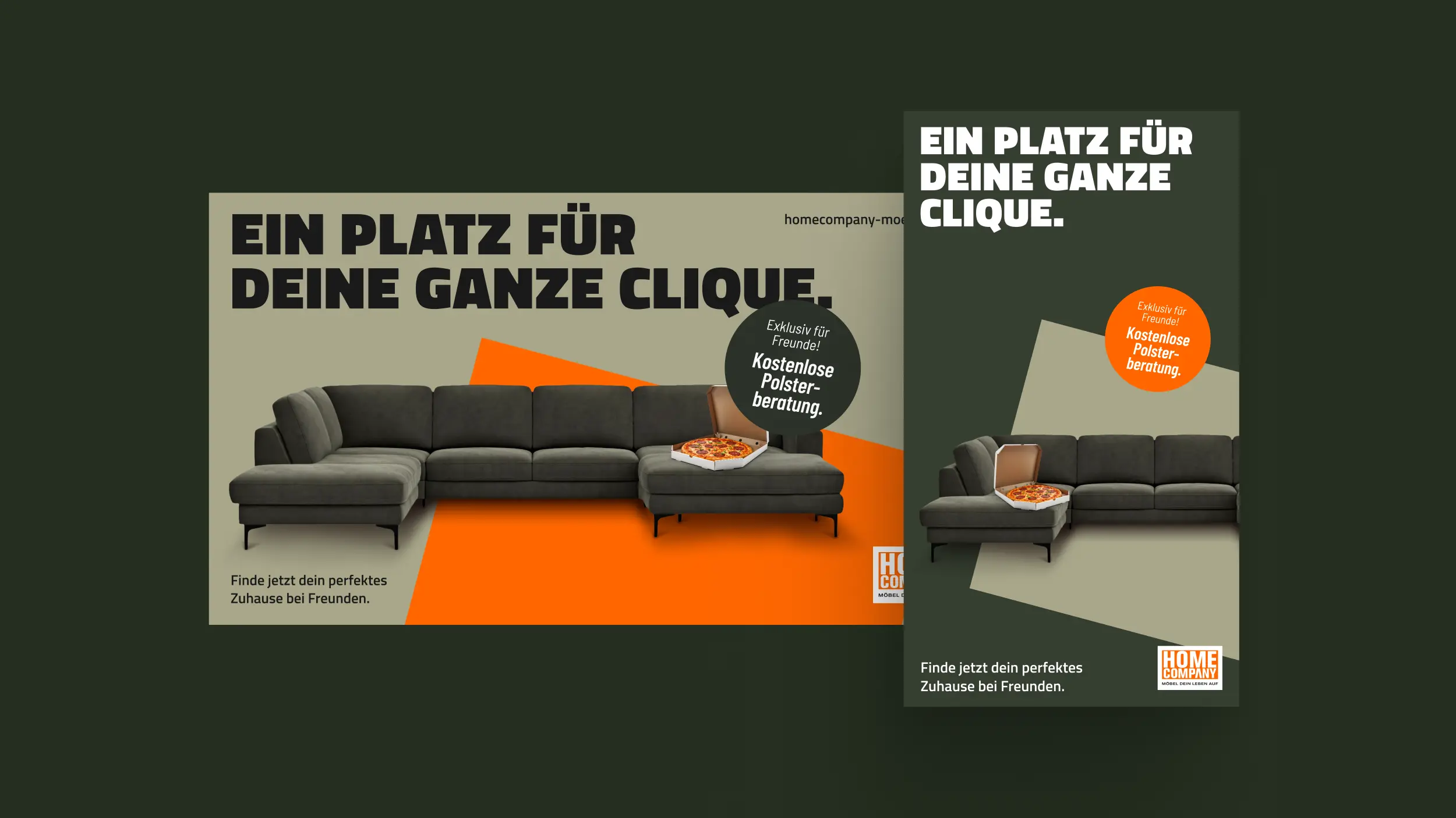 Banner mit Sofa-Motiv: „Ein Platz für deine ganze Clique“, exklusive Polsterberatung für Freunde