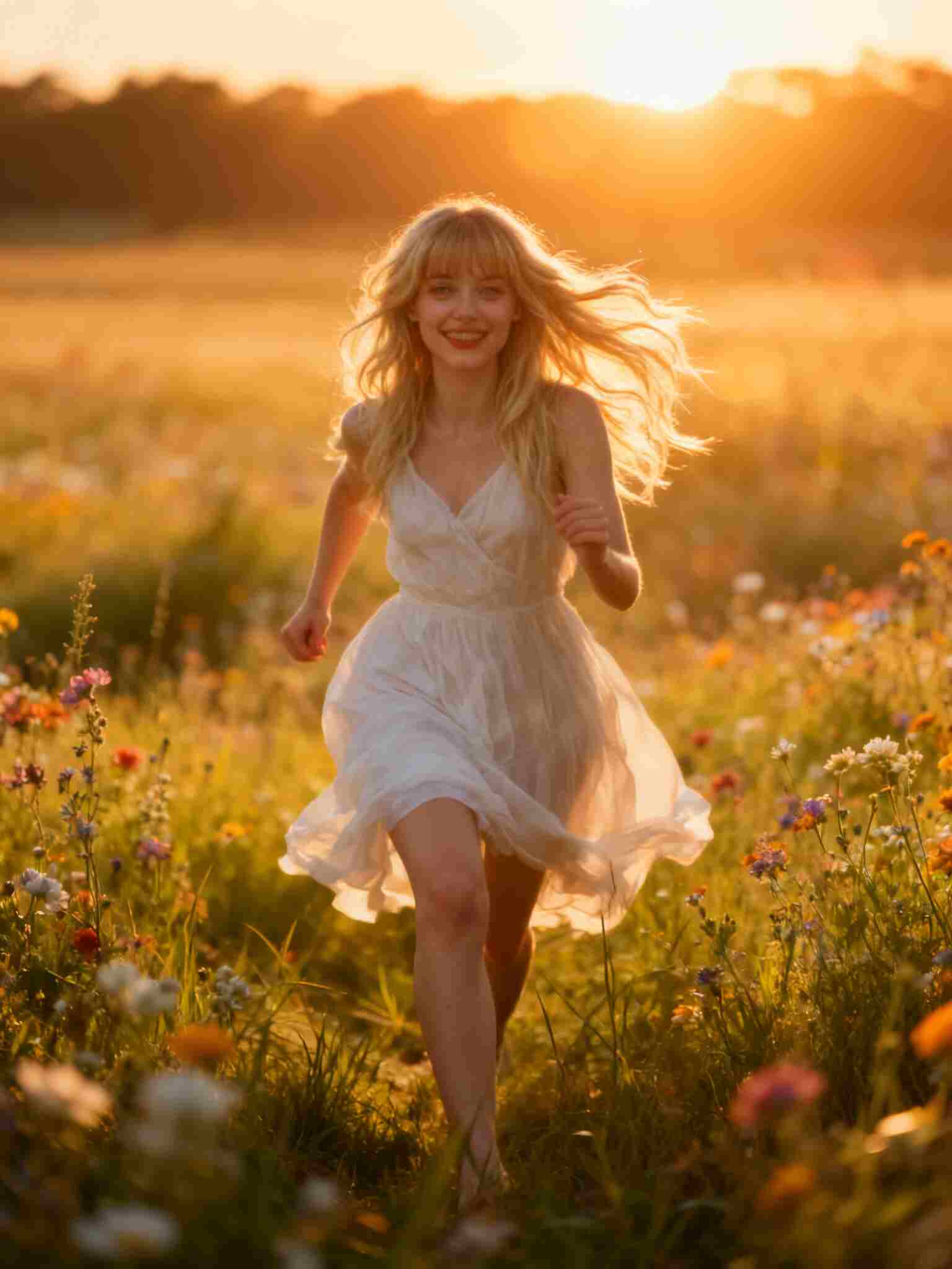 Woman running in field, kling ai free.