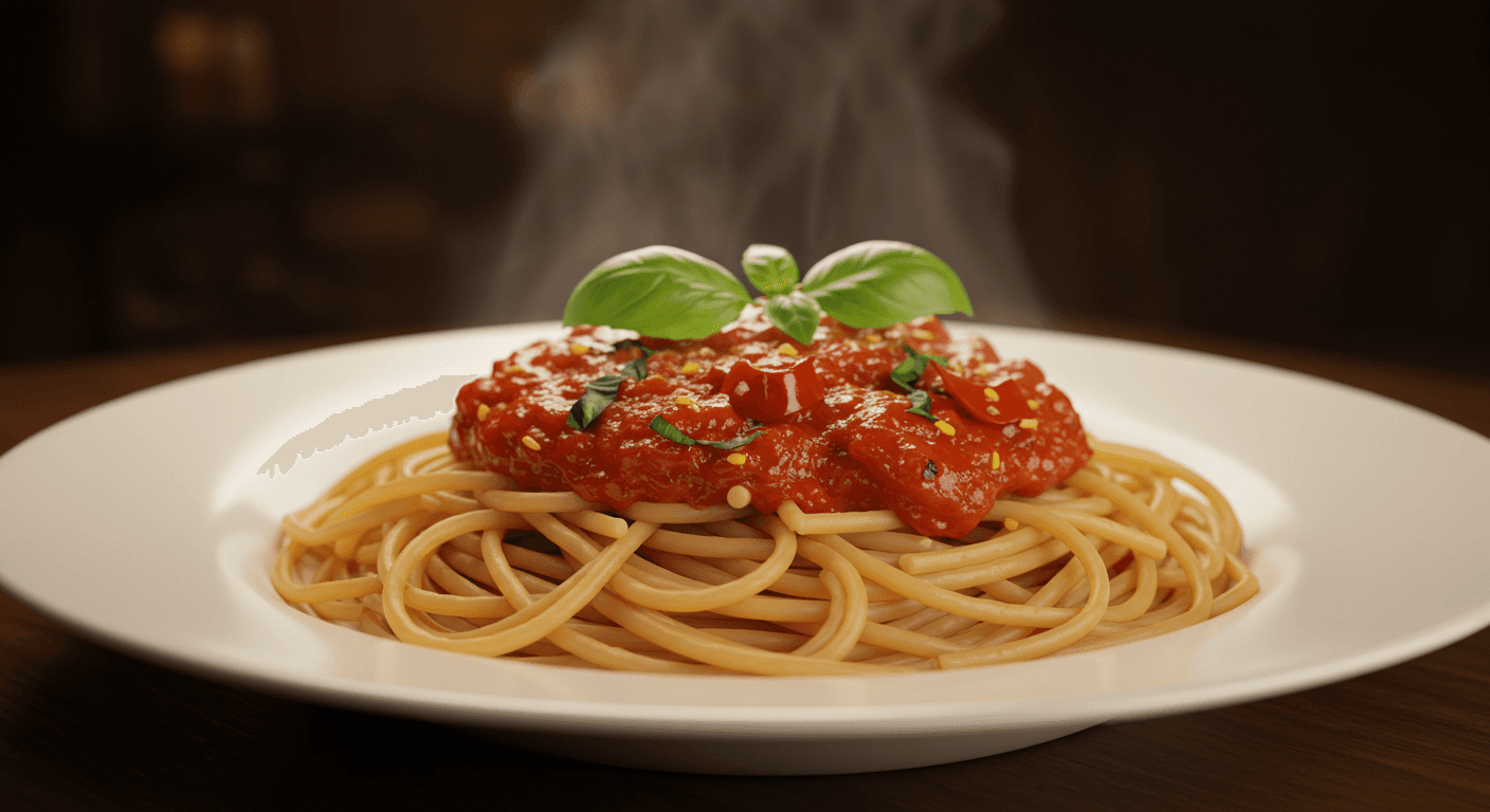 a bowl of pasta noodles with spicy italian sauce