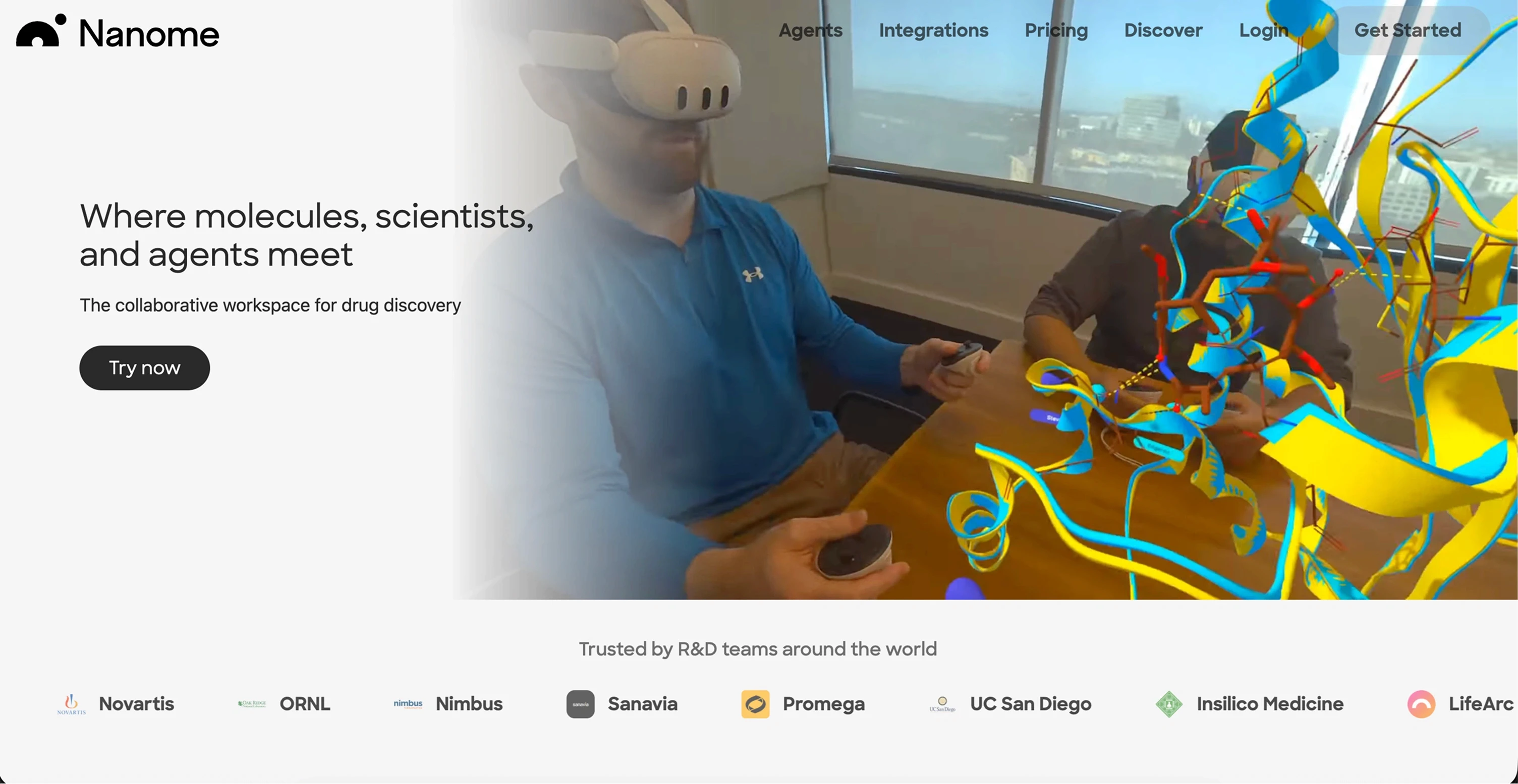 Nanome website showing a researcher using a Meta Quest headset to interact with 3D molecular structures, with client logos including Novartis, Nimbus and UC San Diego